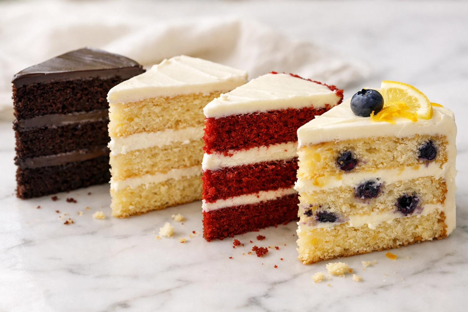 Popular birthday cake flavors including chocolate, vanilla, red velvet and lemon-blueberry