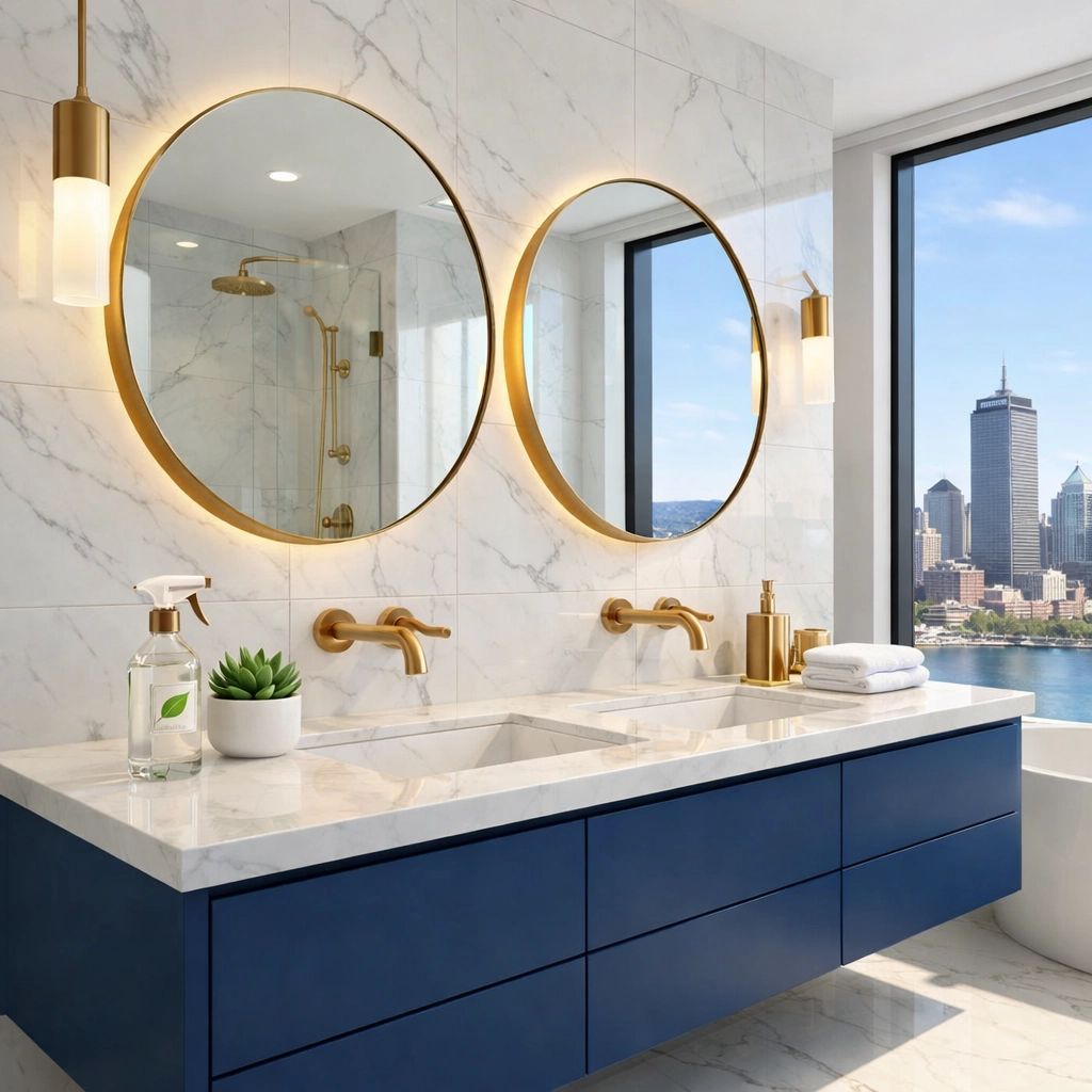 Spotless marble bathroom after eco-friendly post-construction cleaning in a Boston high-rise.