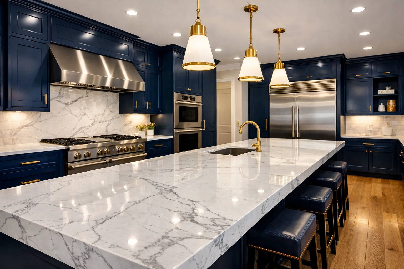 Spotless marble kitchen island and high-end appliances following deep Sherborn estate care services.