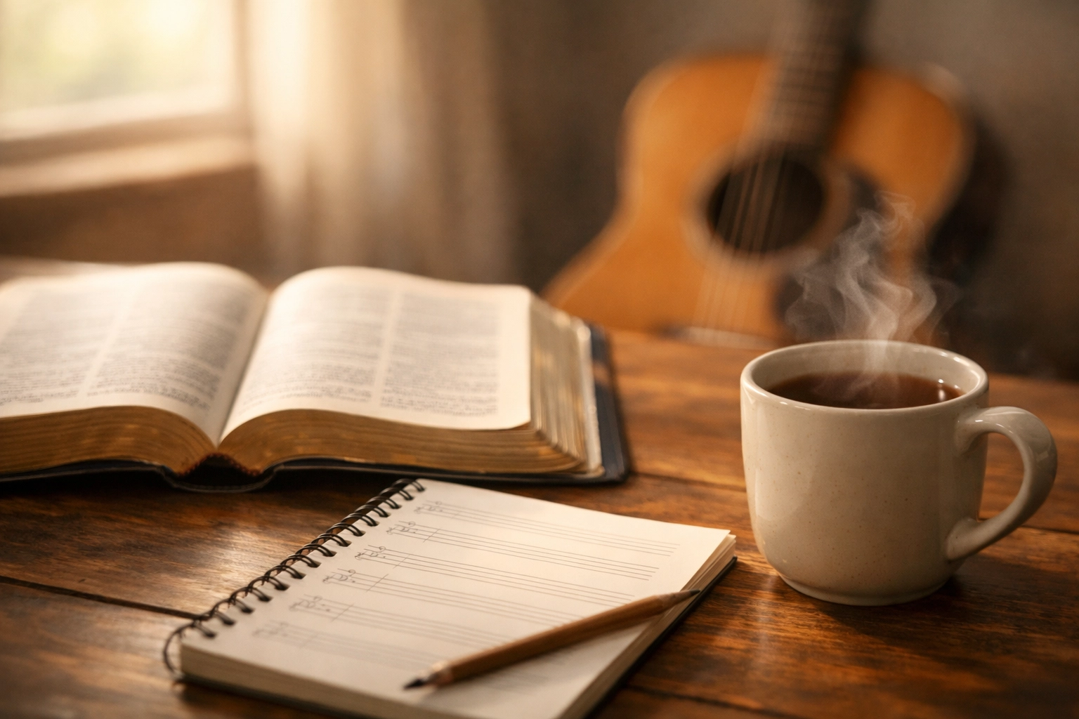 Open Bible and sheet music used by a christian singer songwriter to write worship songs about Jesus.