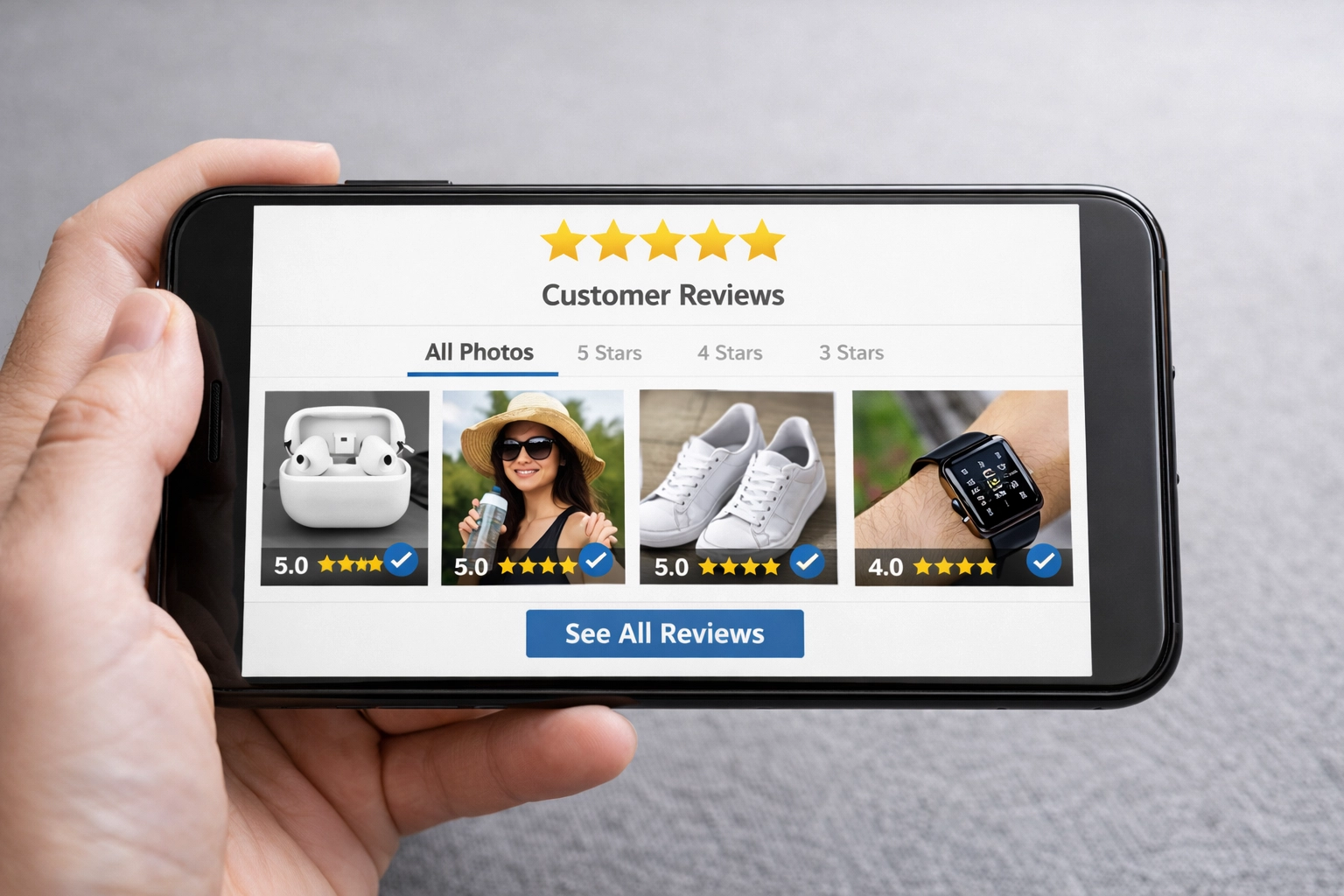Smartphone showing five-star product reviews and customer ratings for online shopping