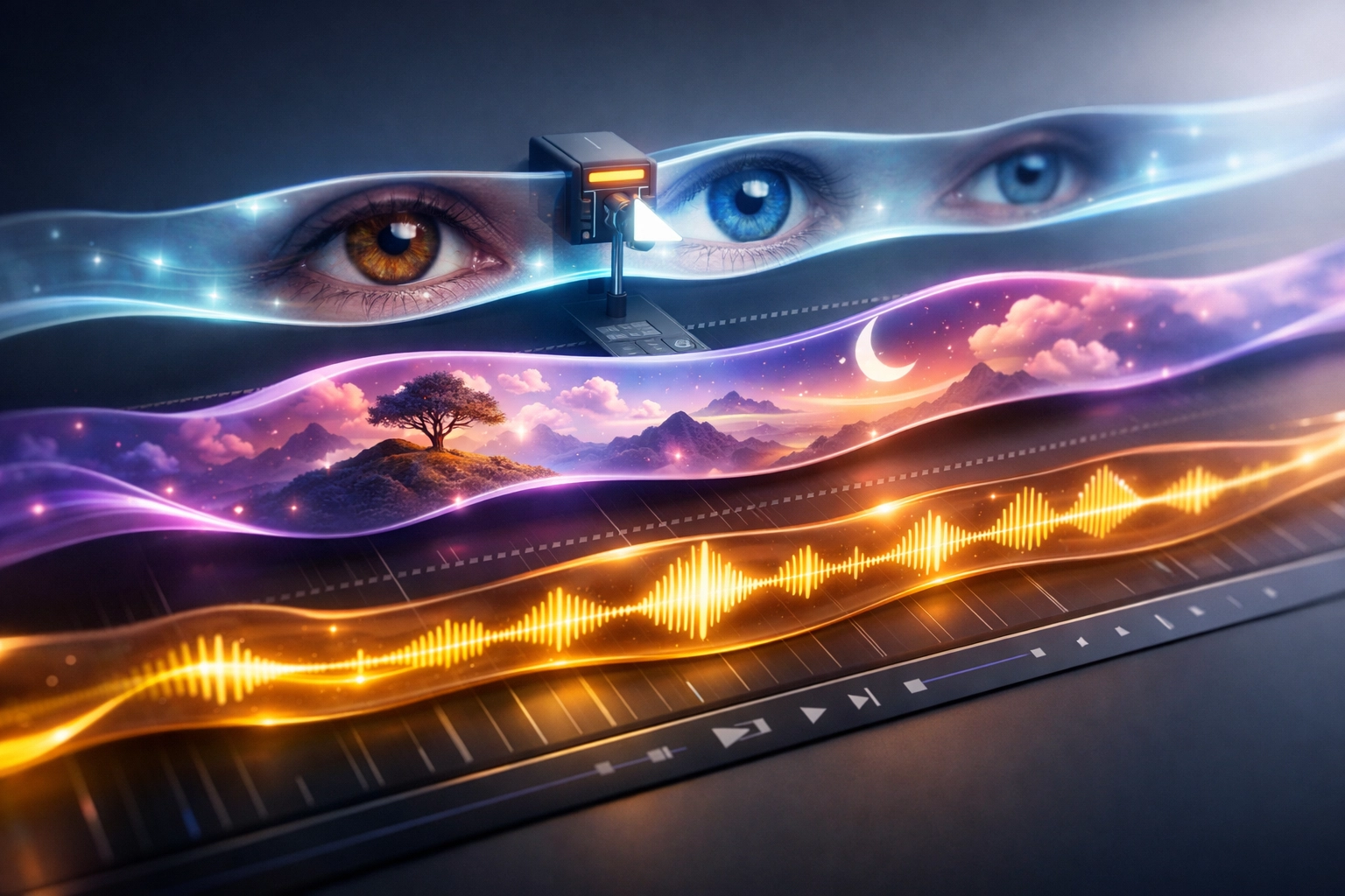 A conceptual video editing timeline showing the fusion of AI tools and human creative editing.