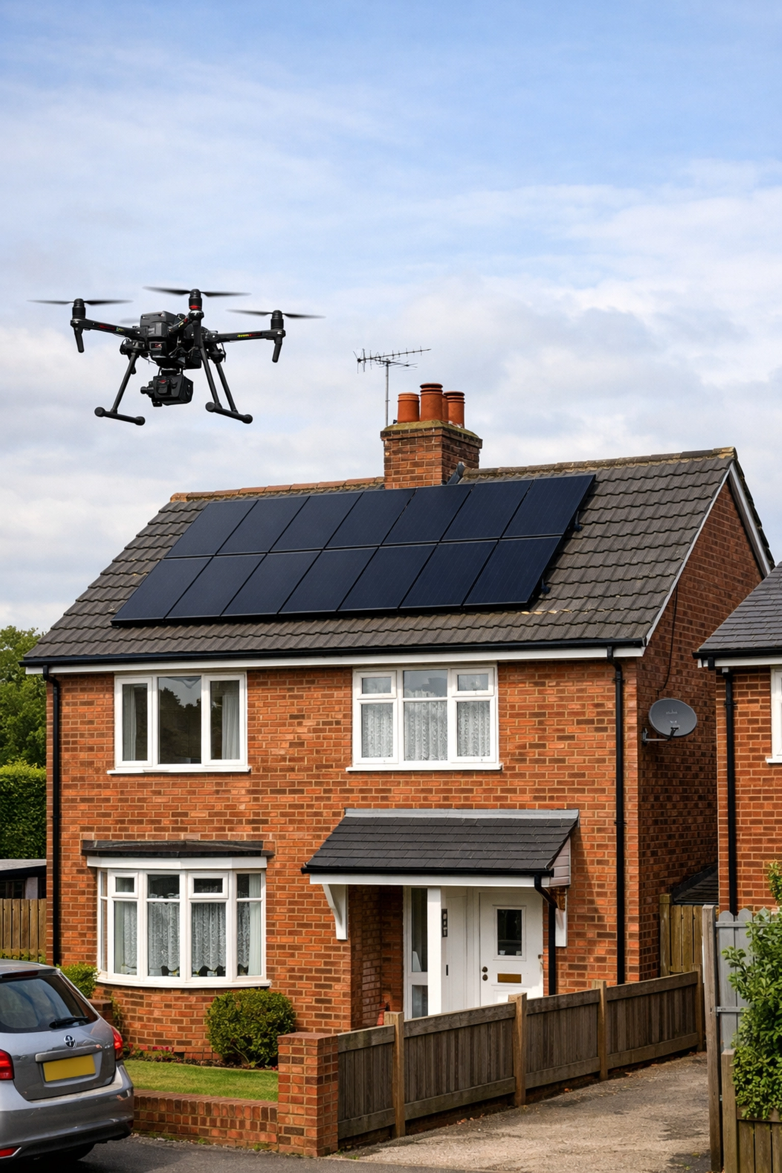 Professional drone roof survey for a precise solar panel installation on a UK semi-detached home.
