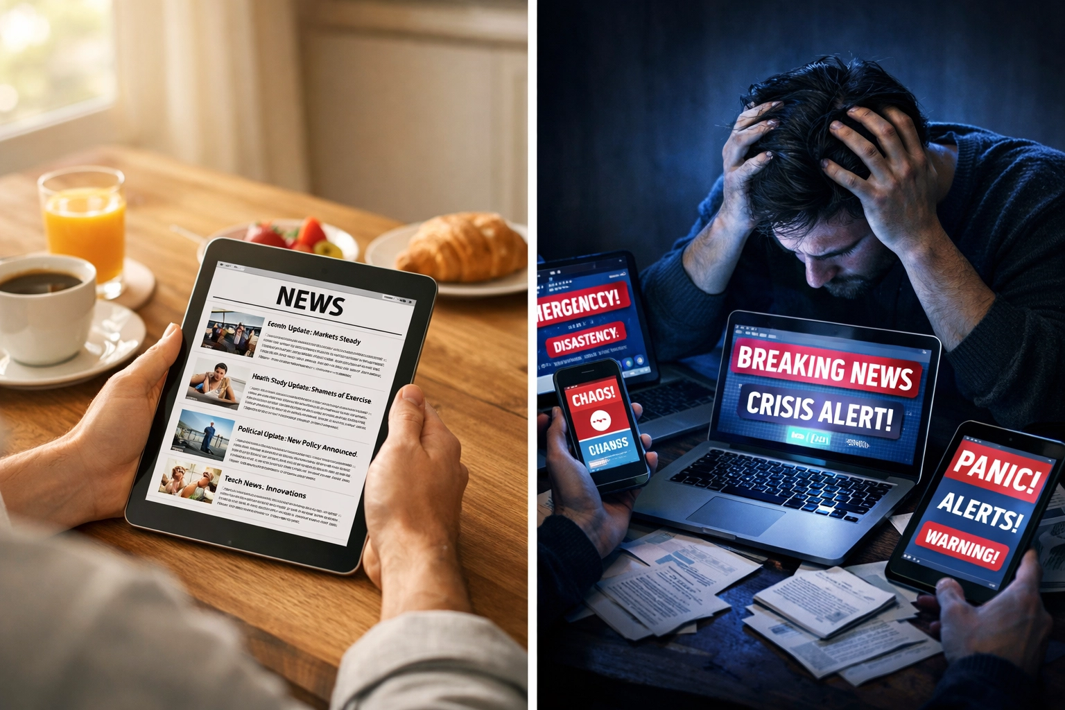 Comparison of calm organized news reading versus stressed overwhelming news consumption