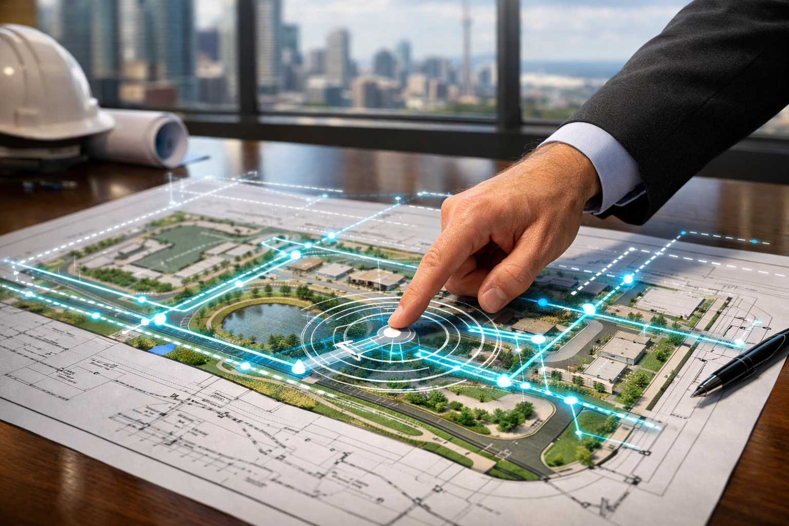 Civil engineers reviewing detailed site plans and utility overlays for an Ontario land development project.