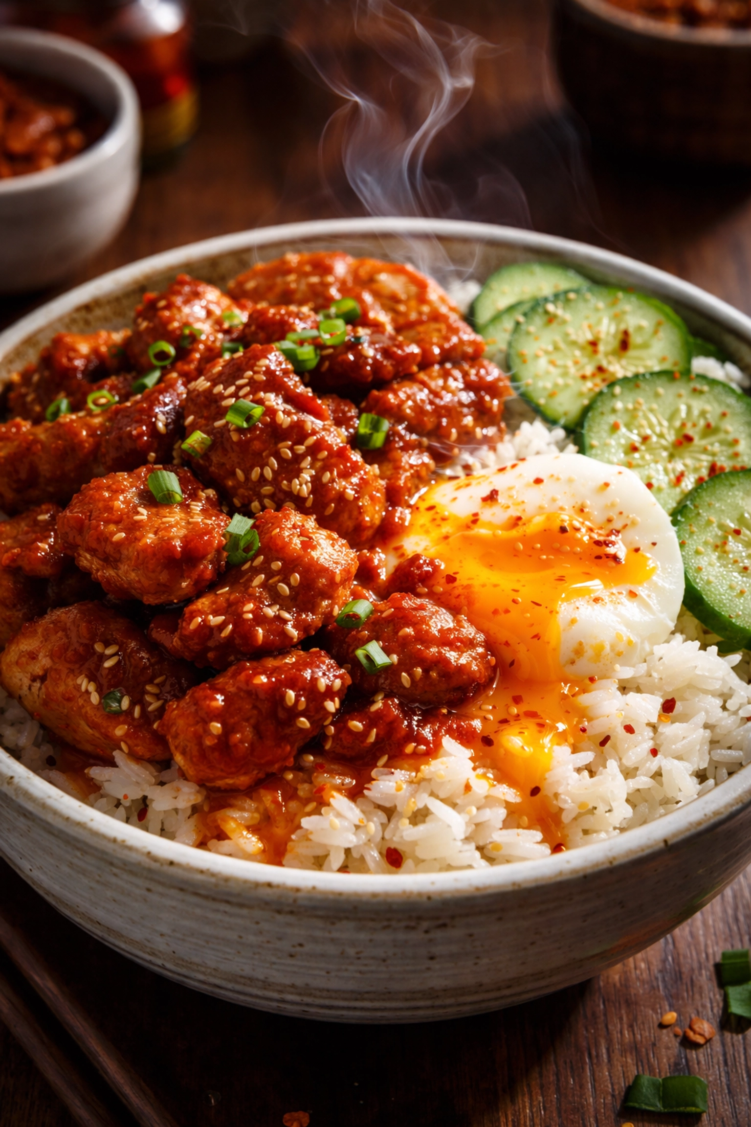 Close-up of a spicy pork rice bowl with gochujang sauce, white rice, cucumber slices, chili flakes, and soft egg yolk