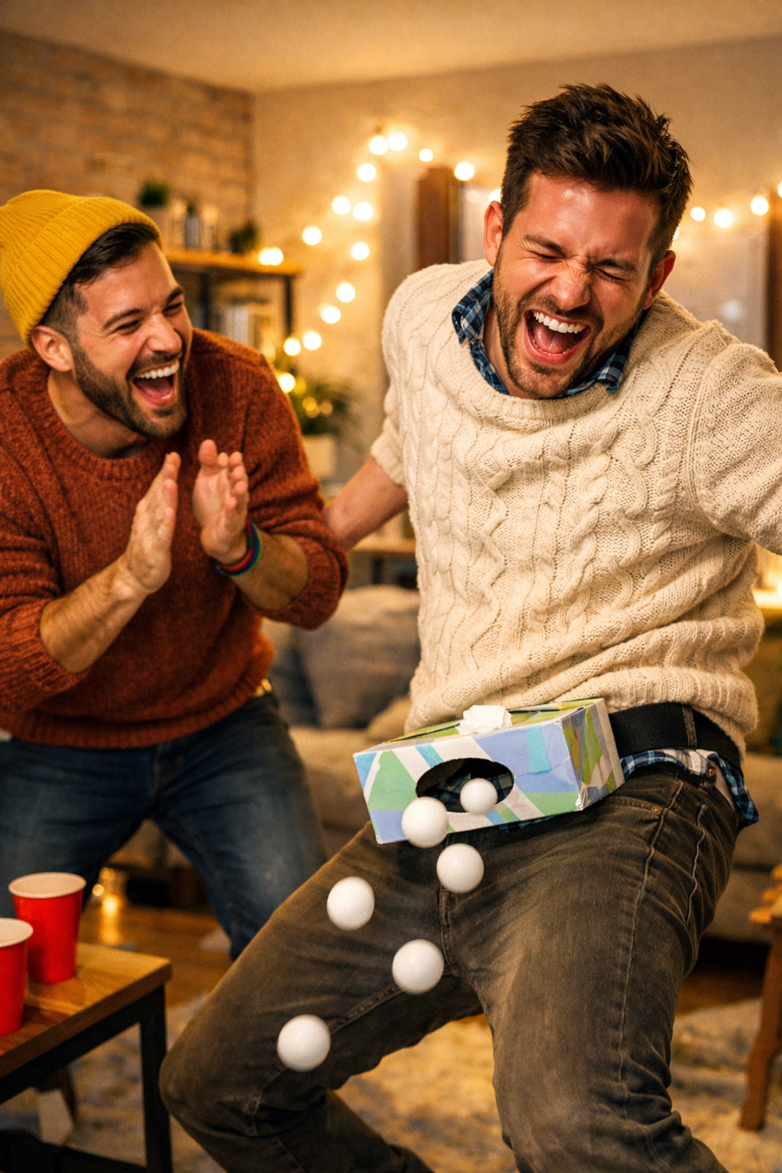Gay men playing energetic indoor party game during winter games night