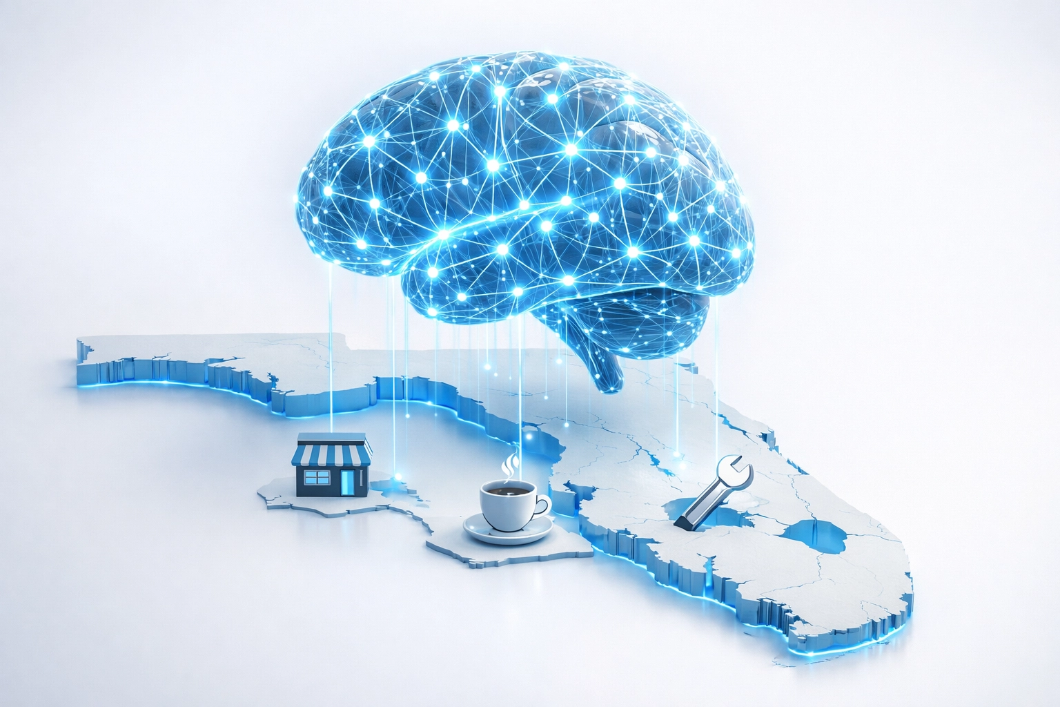 Digital brain connecting to local Florida businesses illustrating how AI search engines find information