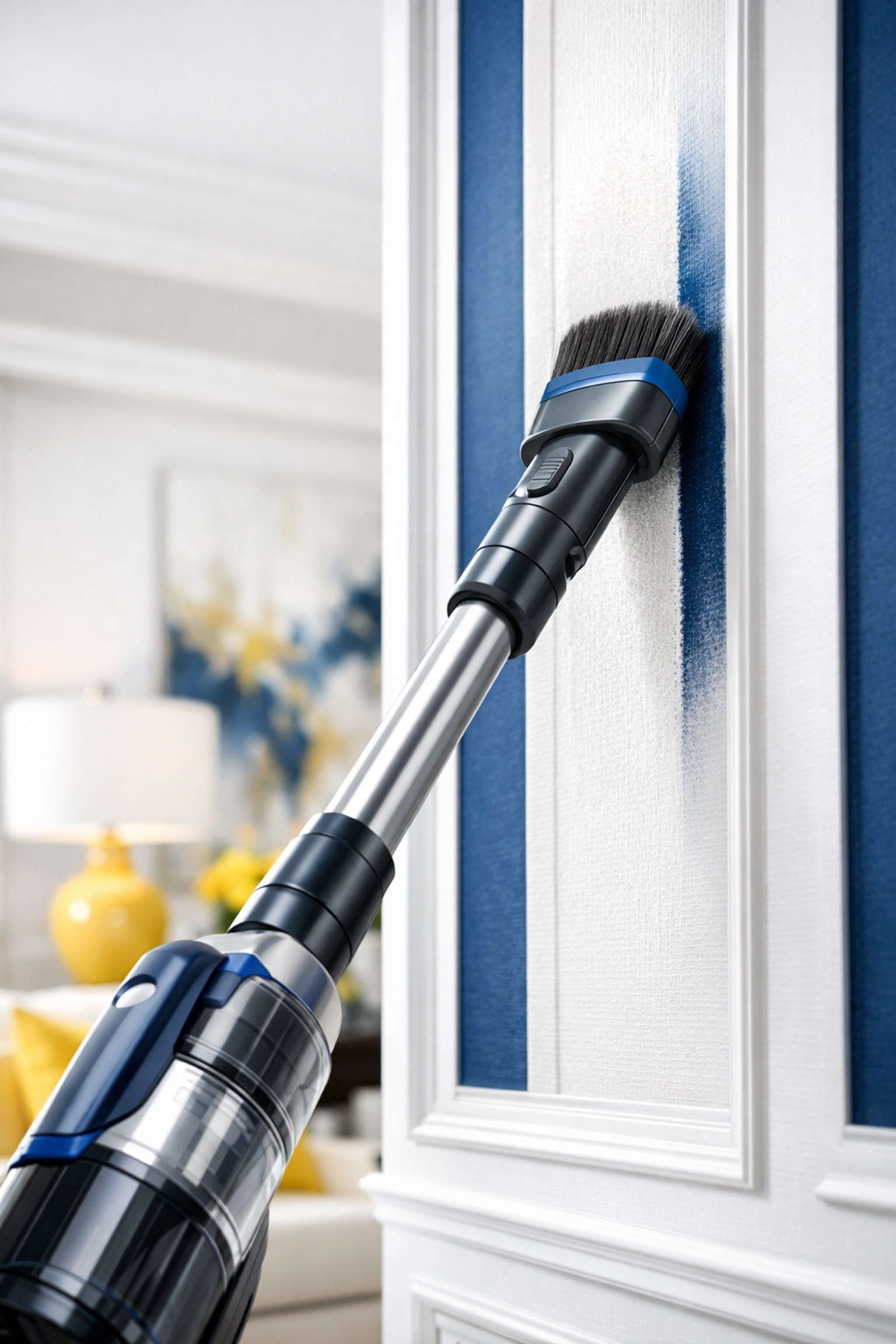 Using a HEPA vacuum with a brush attachment to remove fine dust from a high-end interior wall.