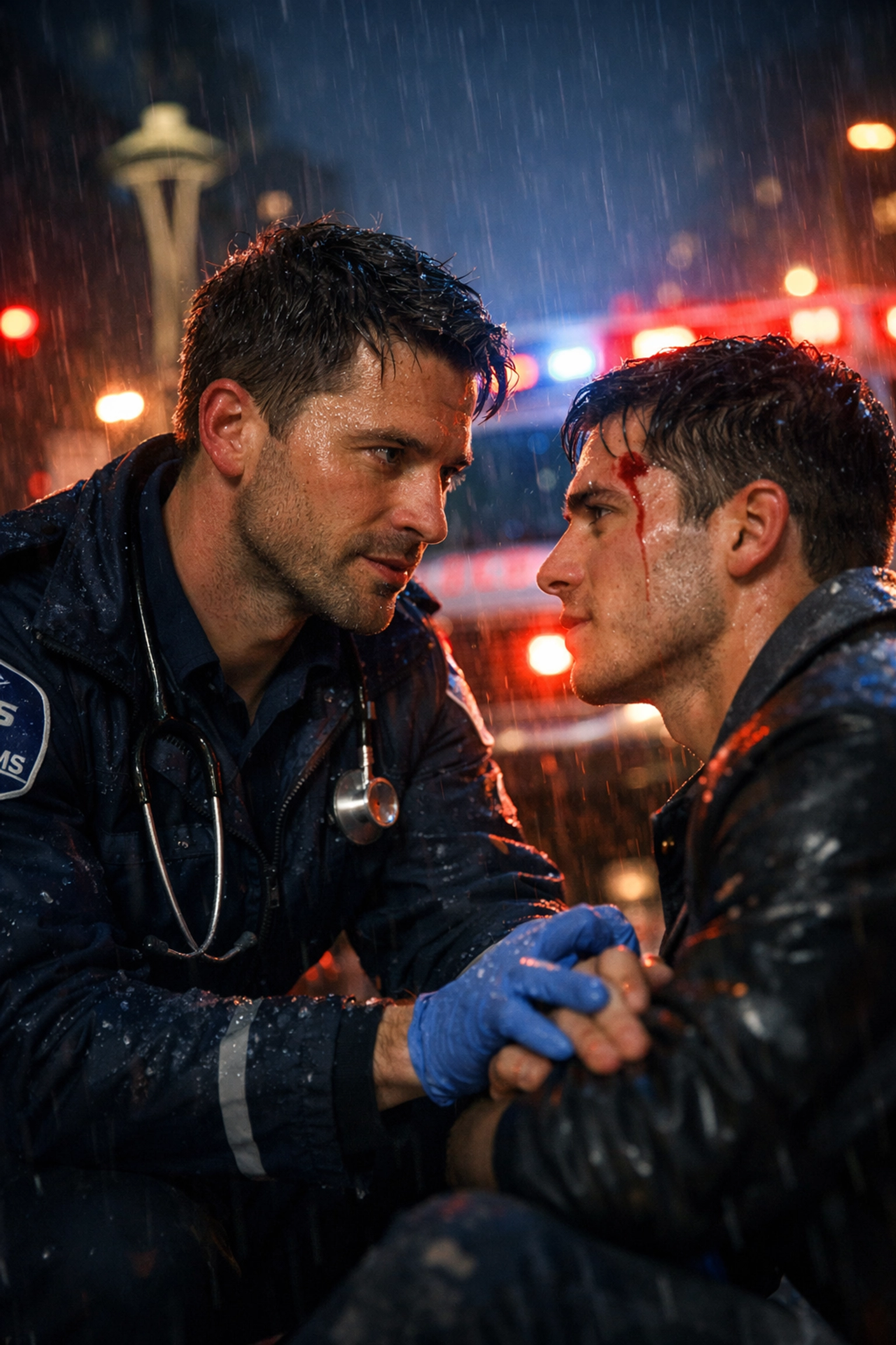 Paramedic tends to injured man in rainy street - MM romance hurt/comfort scene