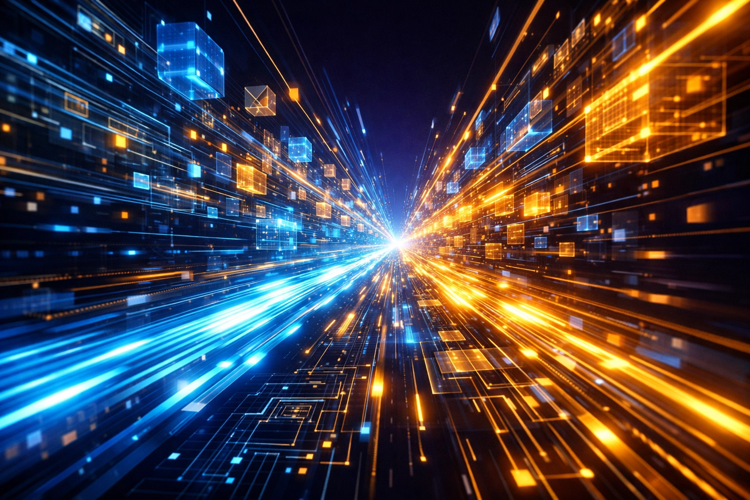 Futuristic network of light representing Larecoin's intelligent payment routing to minimize merchant interchange fees.