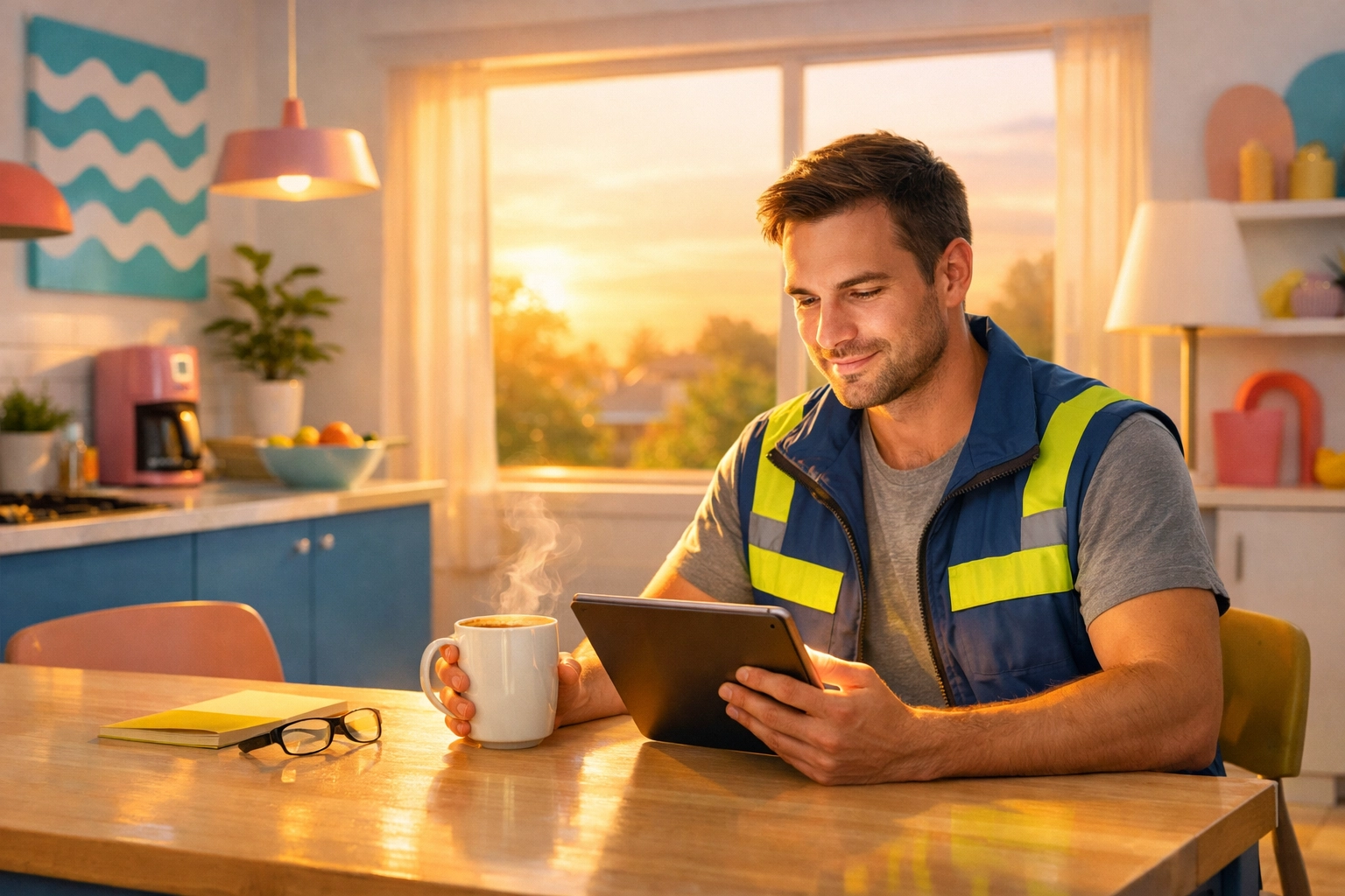 Memphis shift worker using a tablet to access online church during a peaceful sunrise at home.