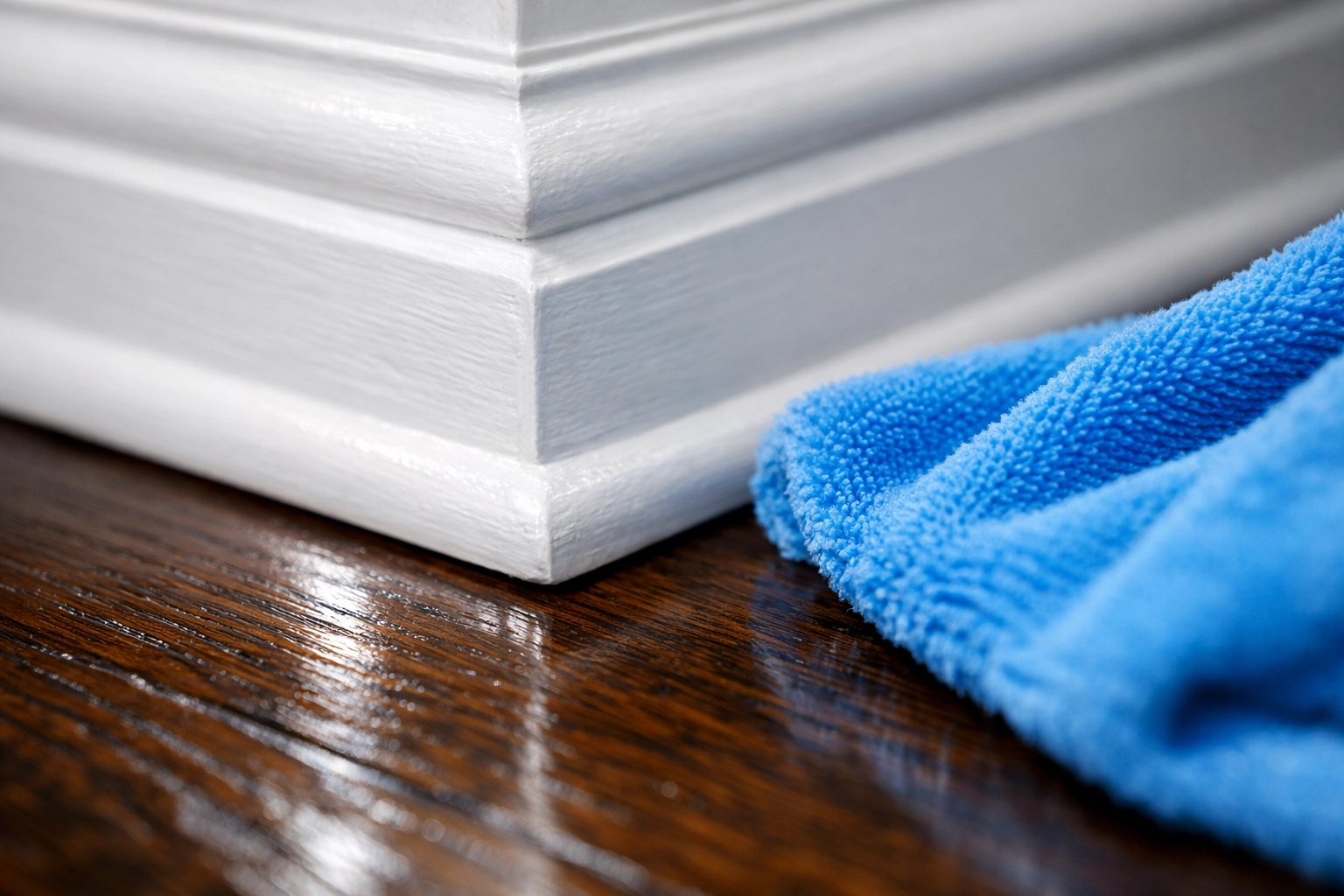 Deep cleaning Worcester professional wiping white baseboards with a blue microfiber cloth for move-out.