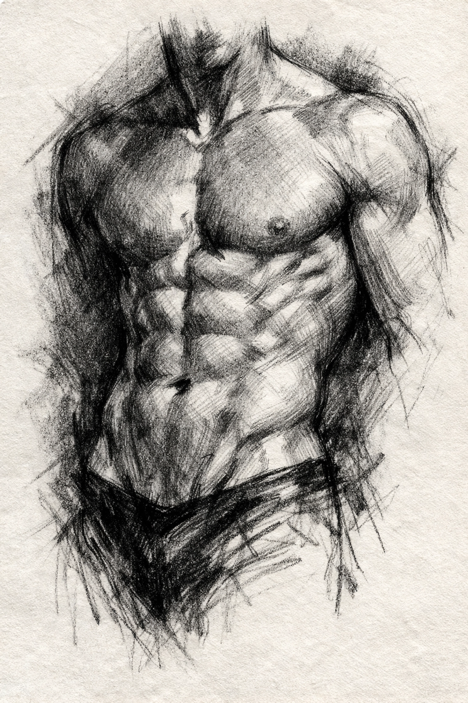 Detailed charcoal drawing of a lean male torso with muscular definition, reflecting the Apollo ideal in art.