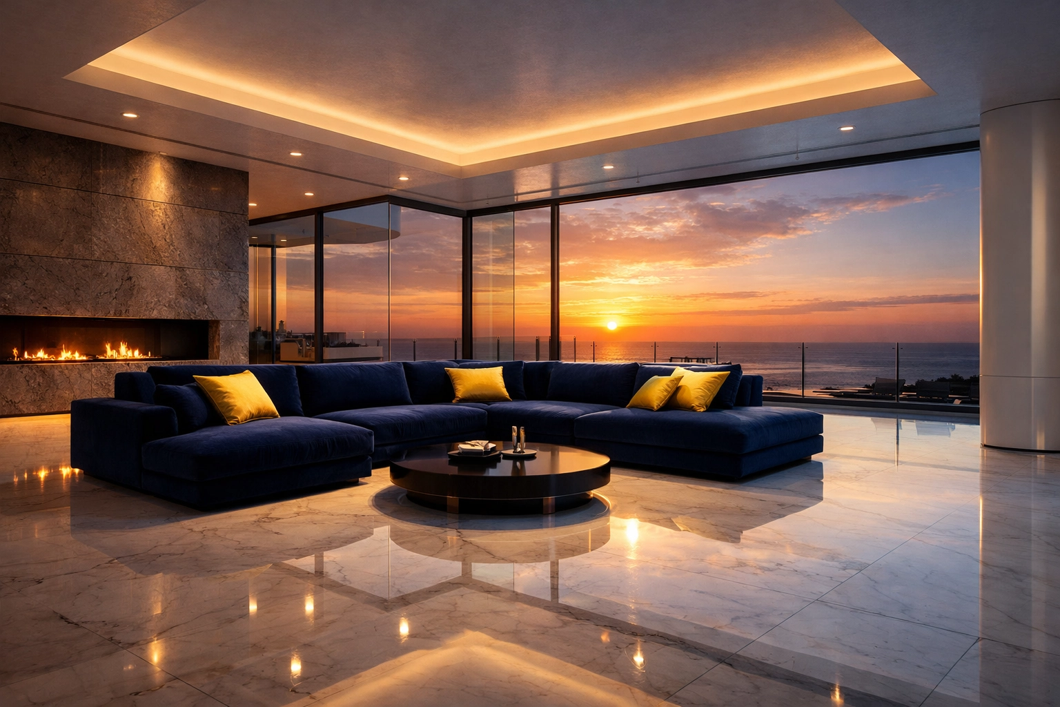 Clean luxury living room with white marble floors, reflecting the energy preservation of professional house cleaning.