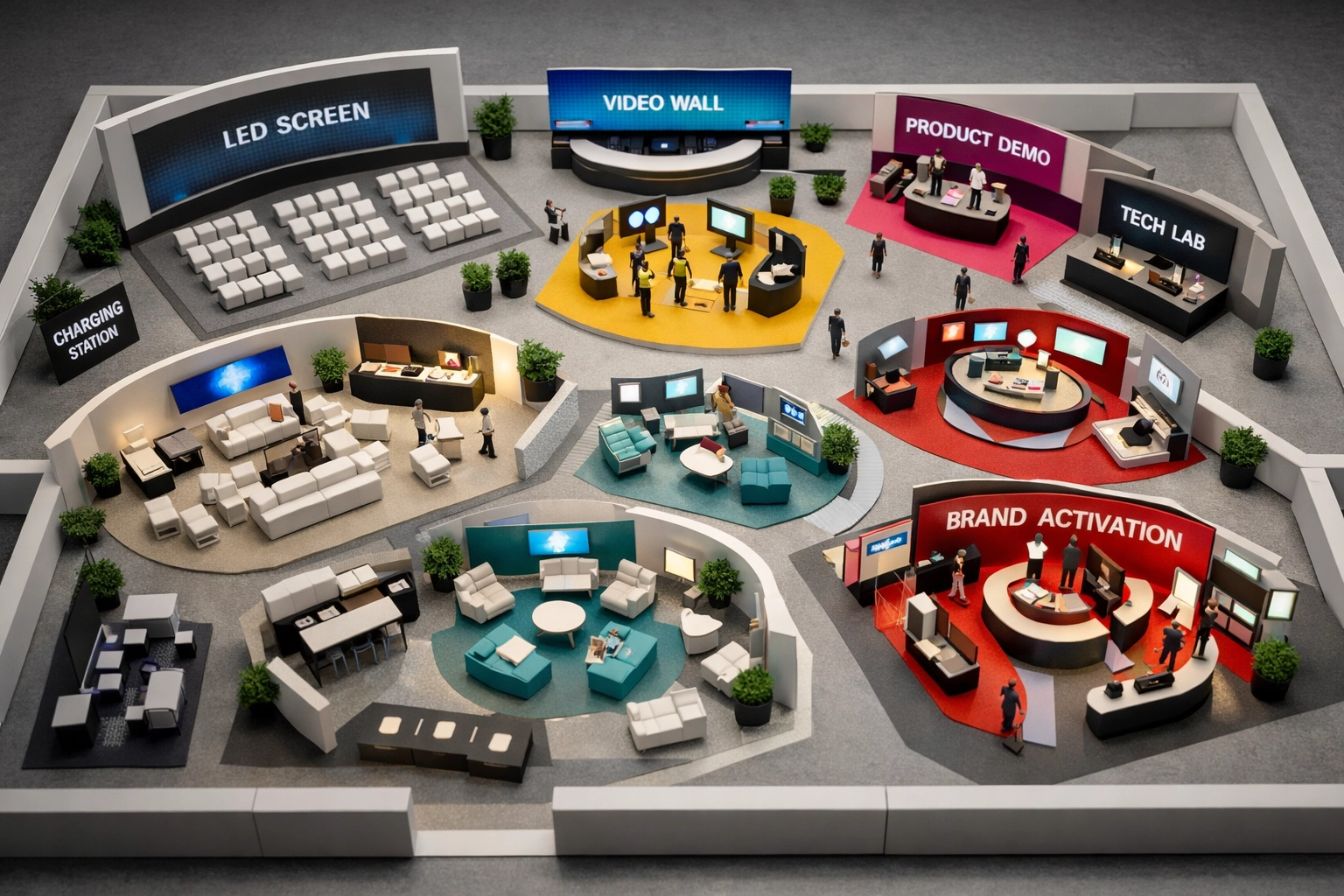 Event venue floor plan showing sponsorship activation zones and brand integration touchpoints