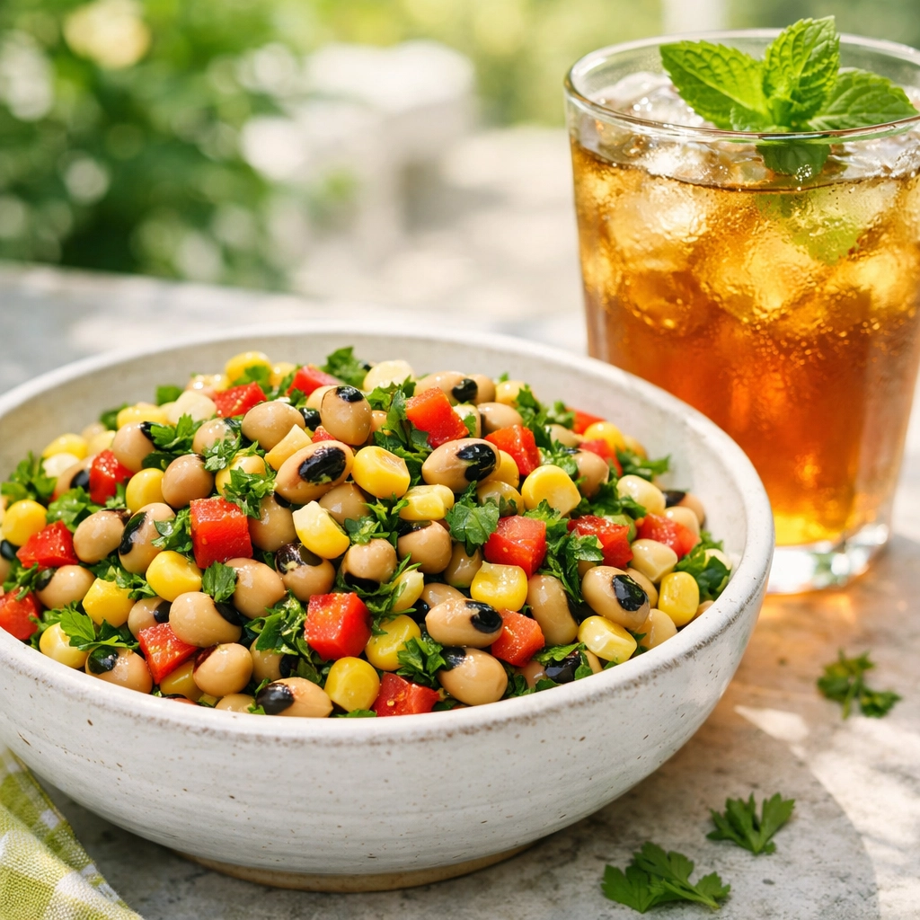 A refreshing bowl of black-eyed pea and corn succotash served on a sunny garden patio.