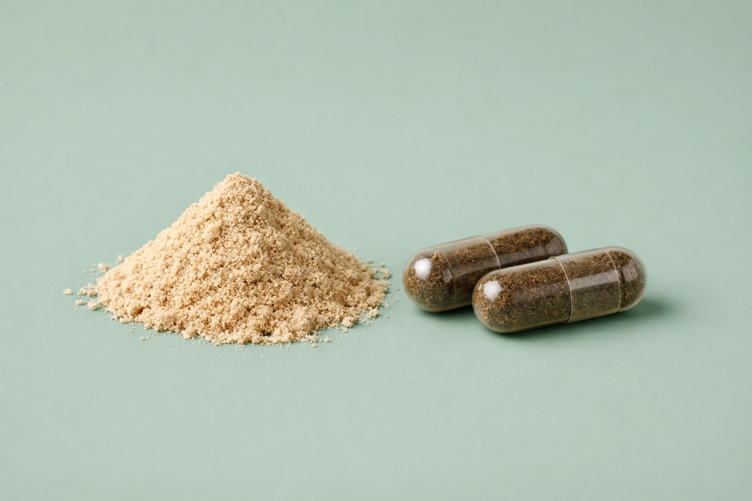 Comparison of raw ashwagandha root powder and concentrated extract capsules.