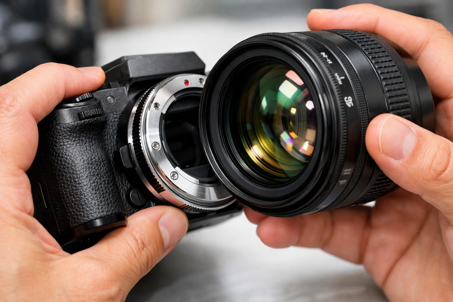 Photographer using a lens adapter to mount a professional DSLR lens onto a new mirrorless camera.