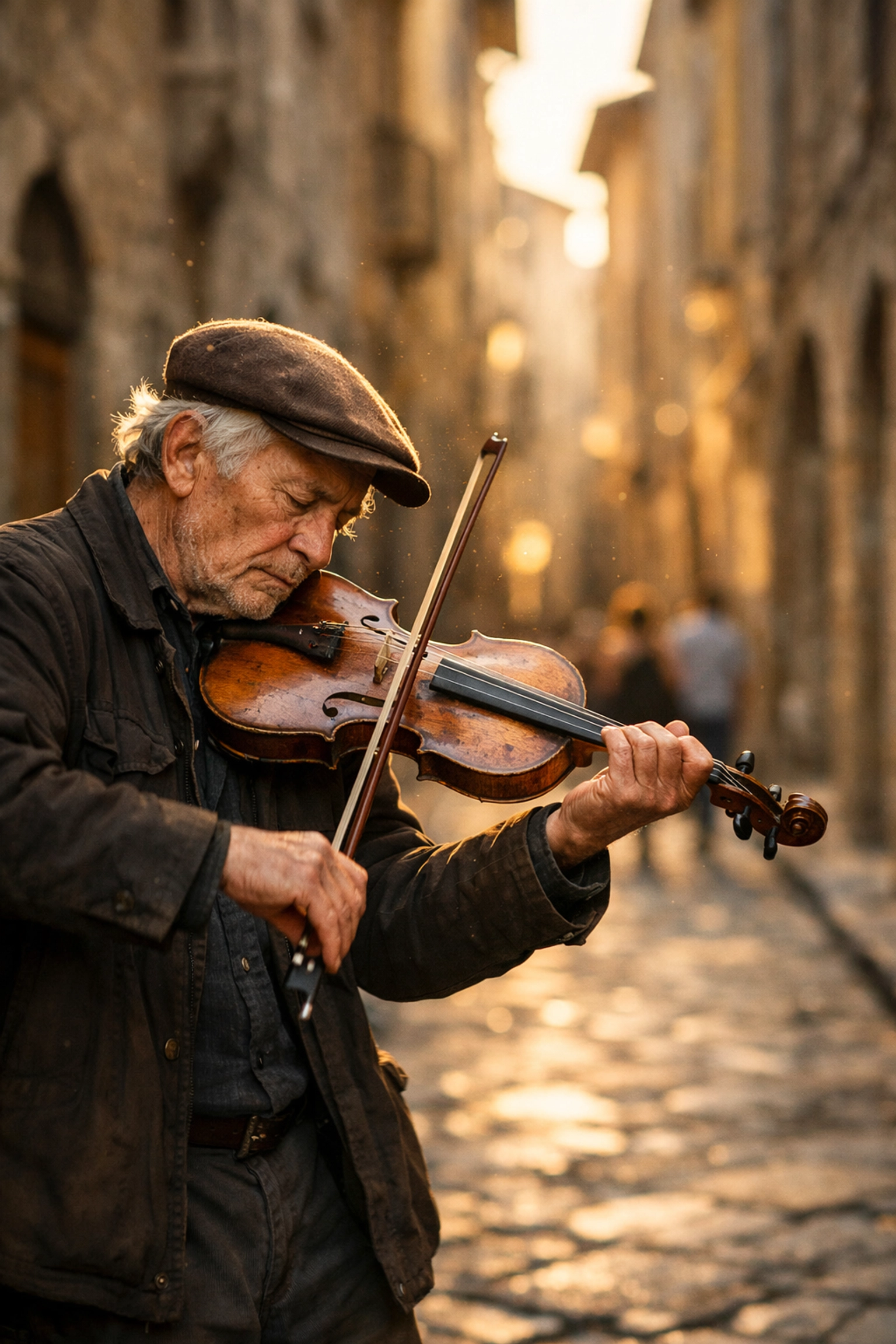 A street photography ideas shot of a violin player with distractions removed using advanced AI photo editing tools.