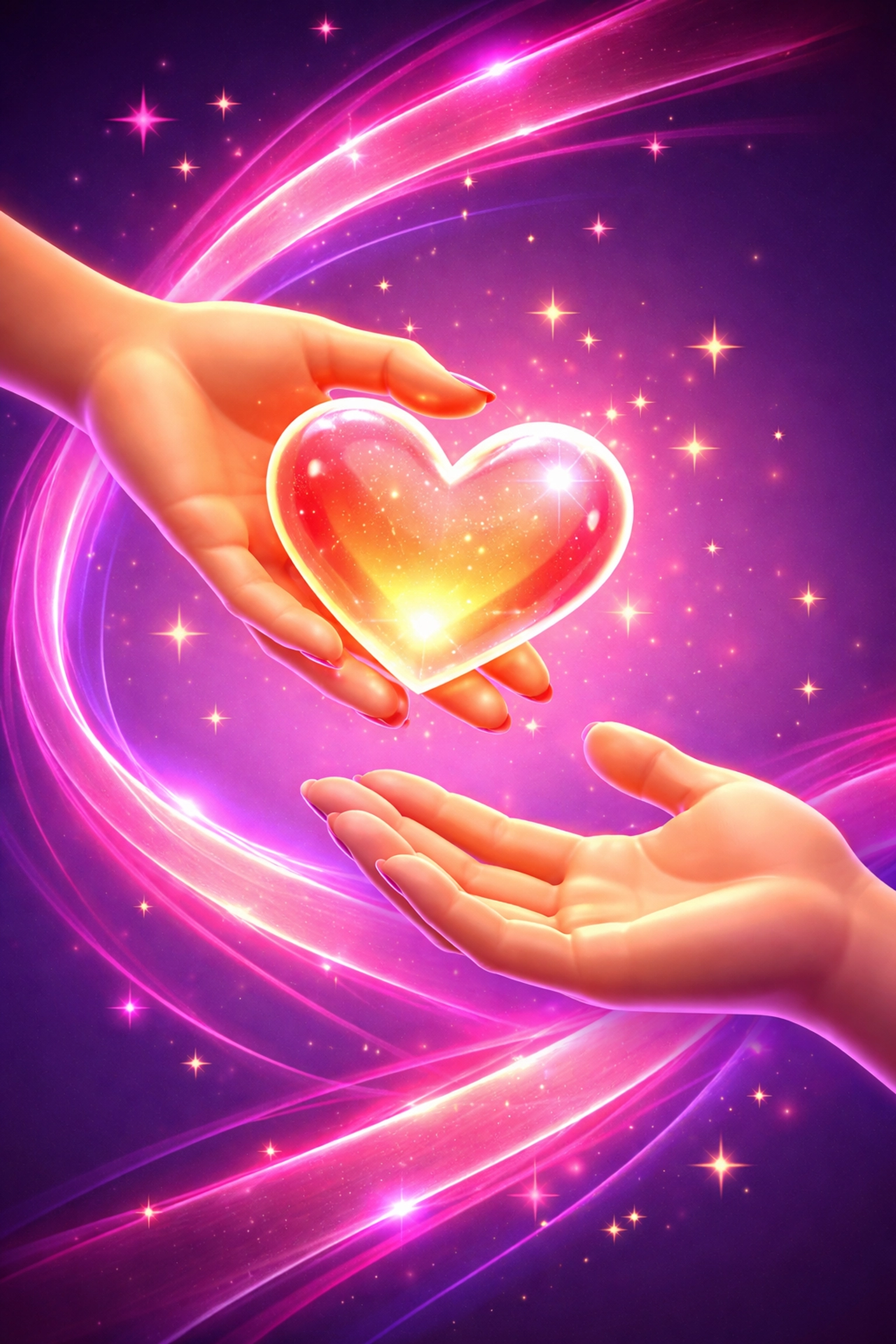 Two hands exchange a glowing heart, symbolizing appreciation and positive communication about sex.