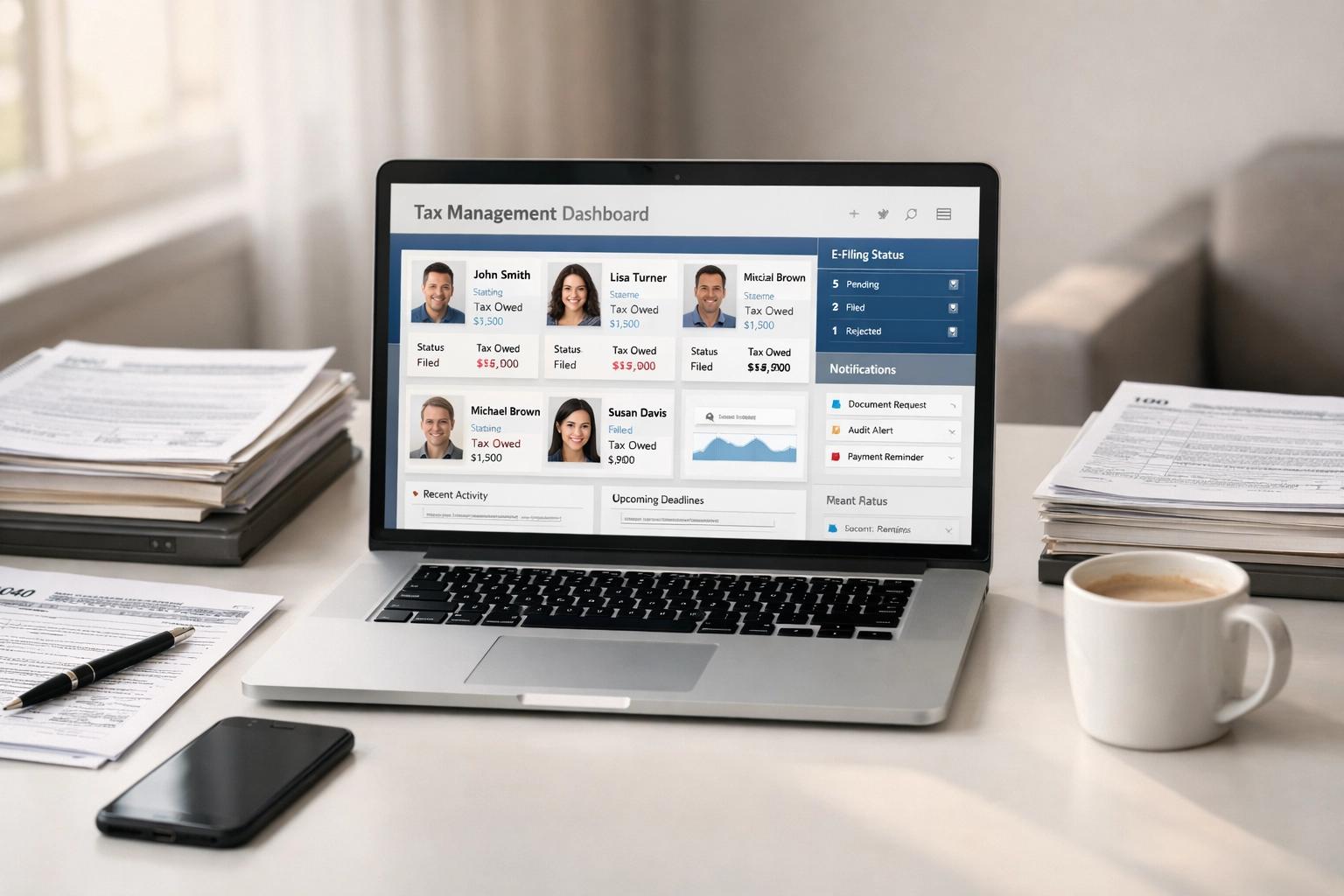 ERO tax software dashboard with IRS forms and documents on office desk