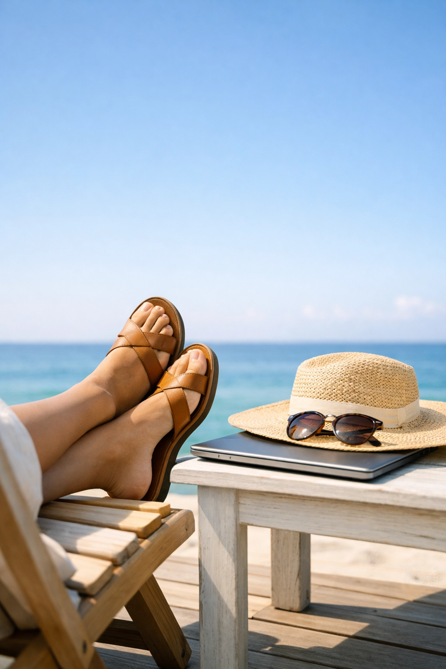 Relaxing beach view with a closed laptop, symbolizing a reclaimed weekend through support automation.