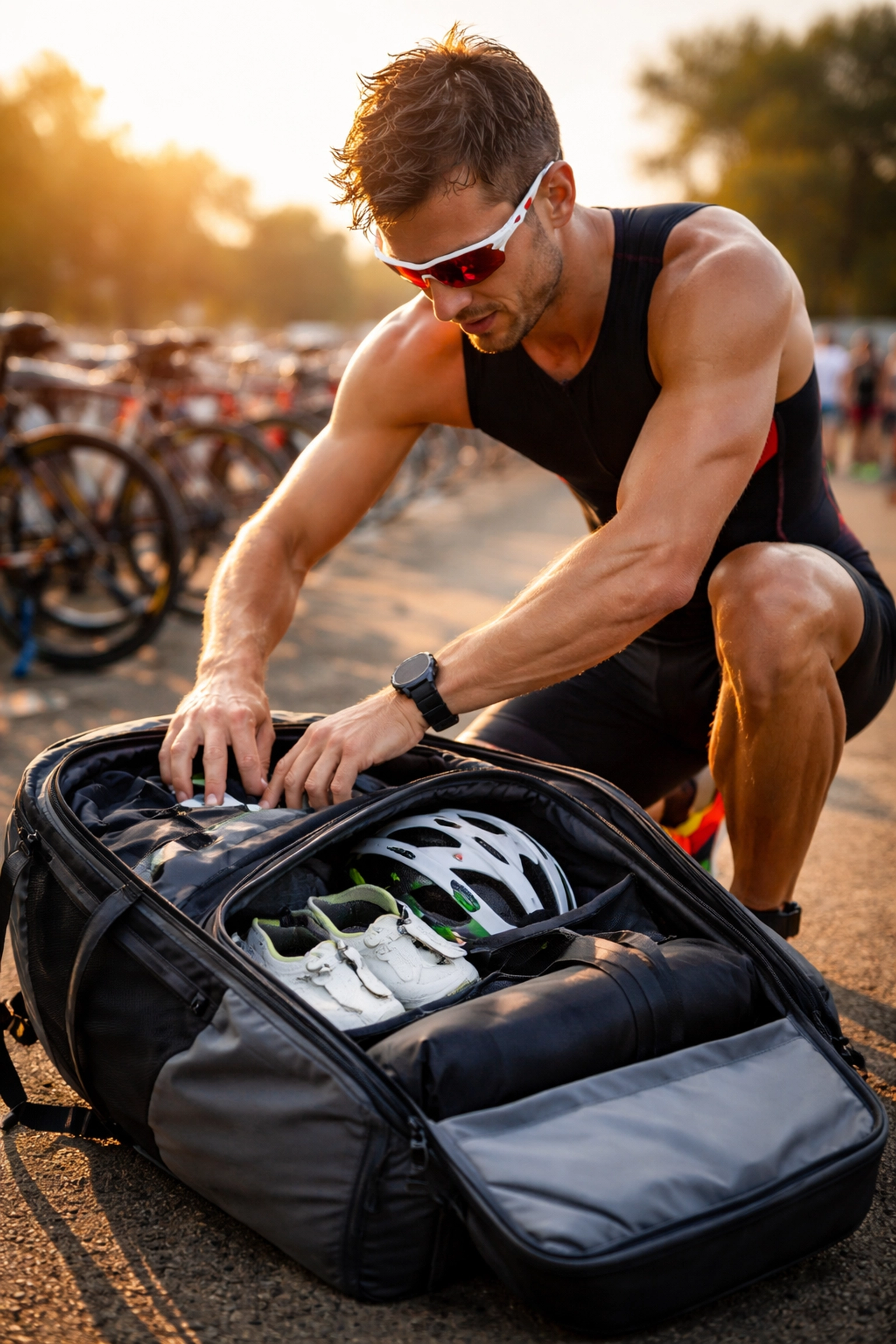Triatleta accediendo a su mochila deportiva en zona de transición, mostrando organización de equipamiento triatlón.