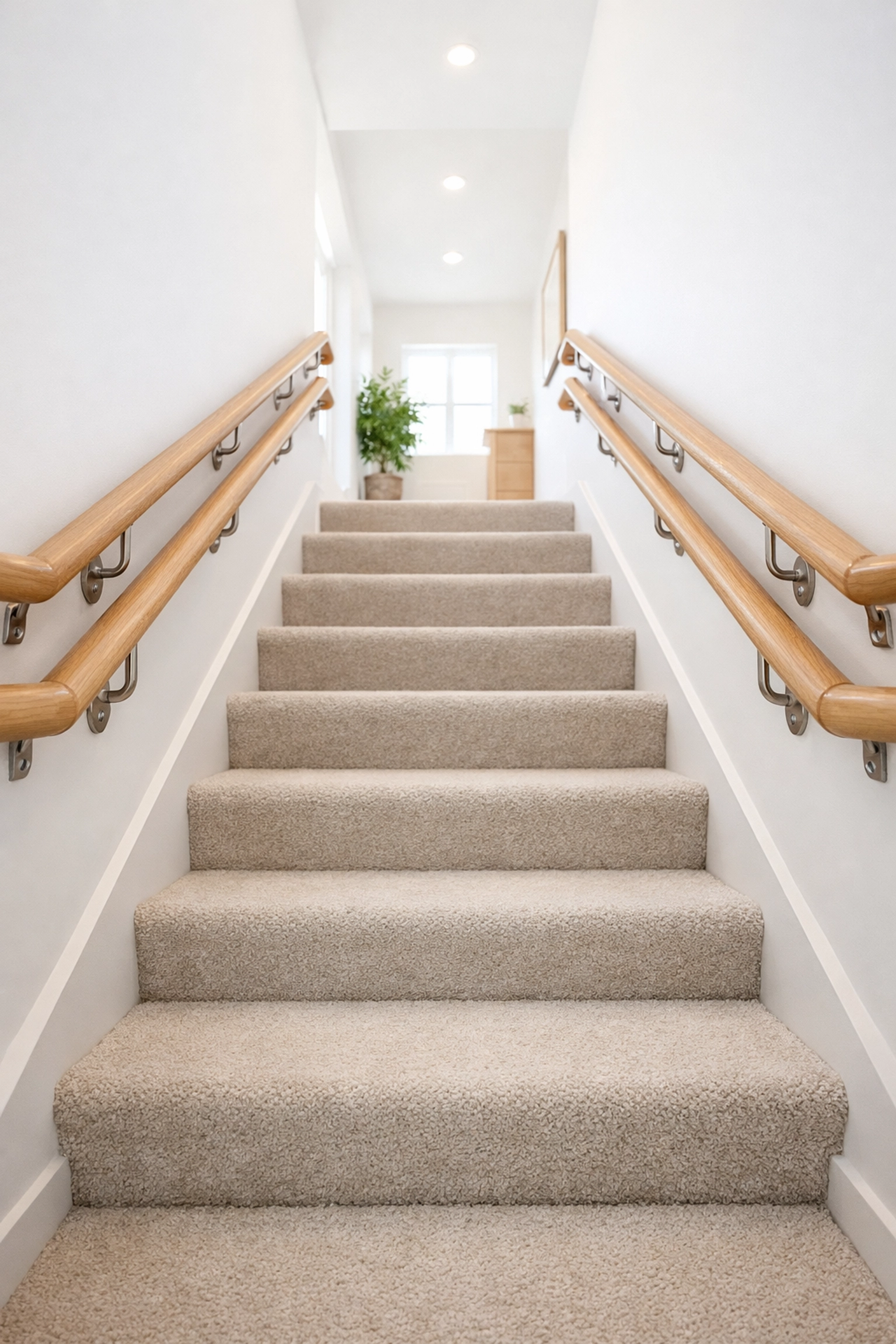 Safe indoor staircase featuring dual wooden handrails on both sides for maximum stability.