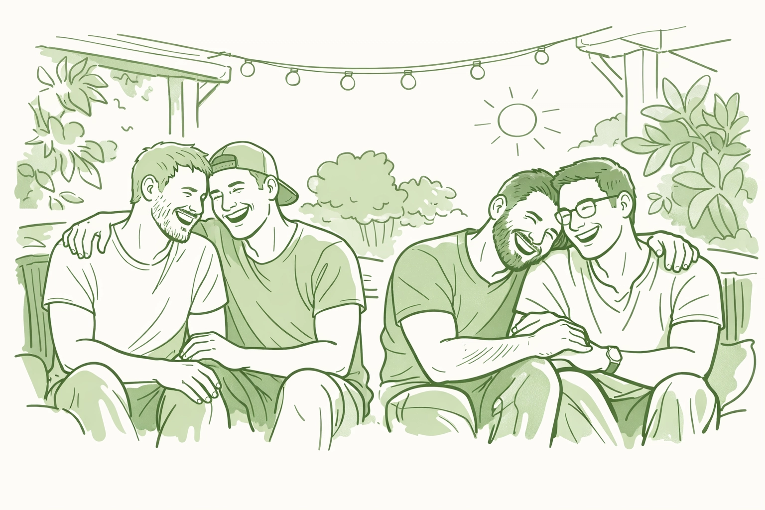 Two gay couples laughing together in a garden, illustrating the importance of finding your LGBTQ+ community.