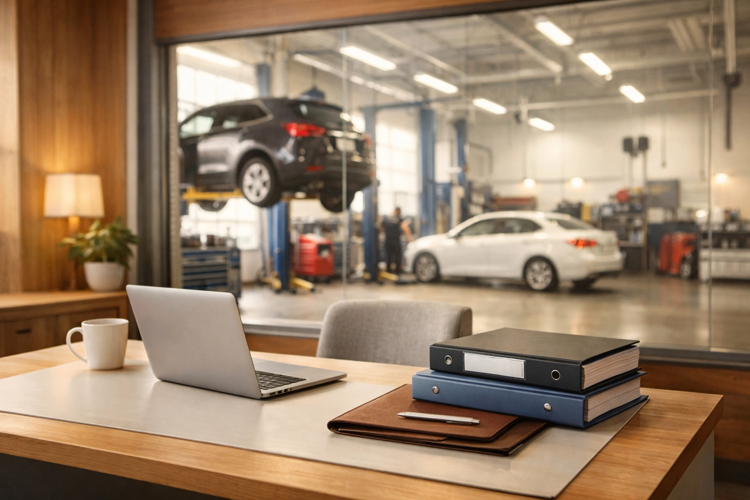 Modern shop office with laptop and folders, symbolizing clean Mitchell1 and Tekmetric QBO integrations.