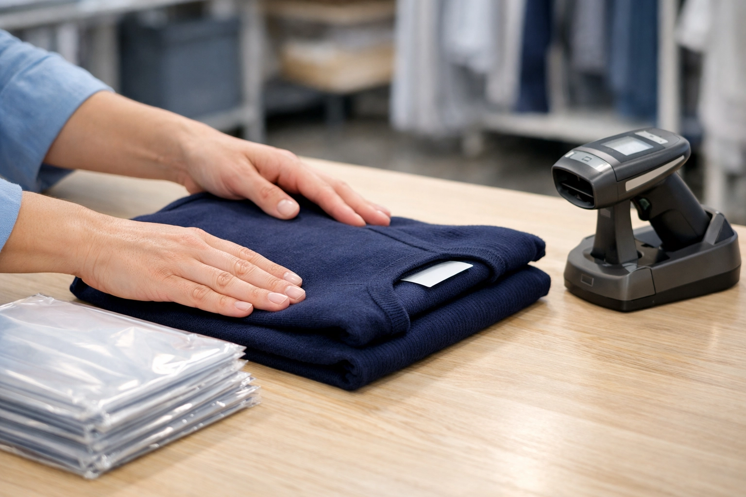 Staff inspecting and refolding clothes at a 3PL Jacksonville returns management station.