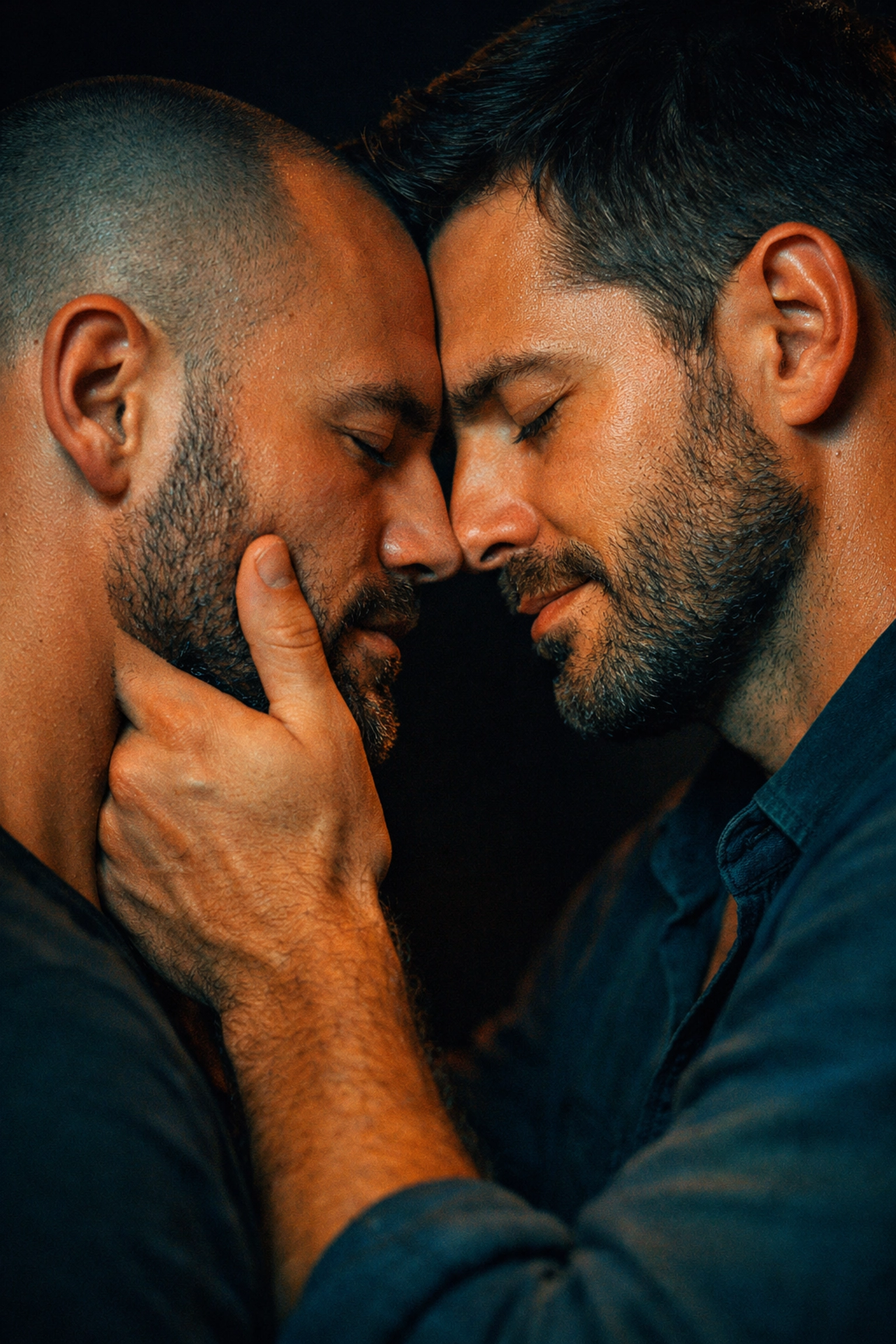 A gay couple sharing an emotional moment with foreheads pressed together, depicting deep queer desire.