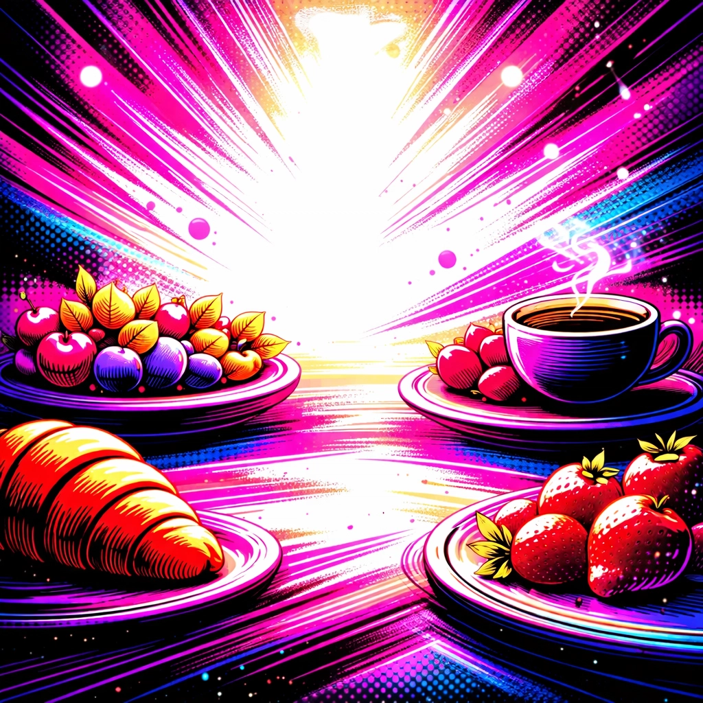 Abstract pop art daytime brunch vibe with moody light and bold magenta pops, purely visual with stylized wine glass silhouettes and energetic shapes.