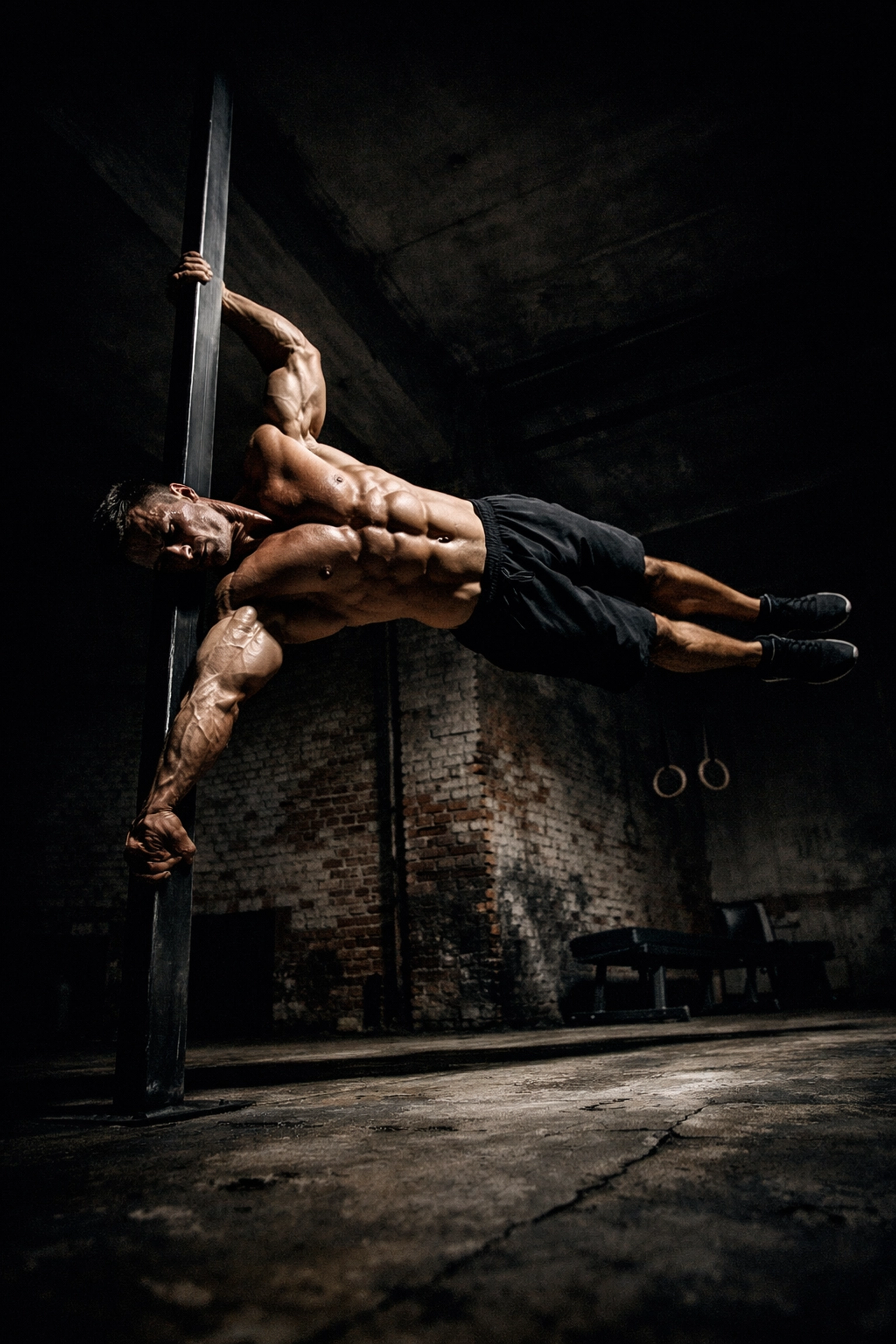 Athlete performing a human flag on home calisthenics equipment to build pro-level strength.