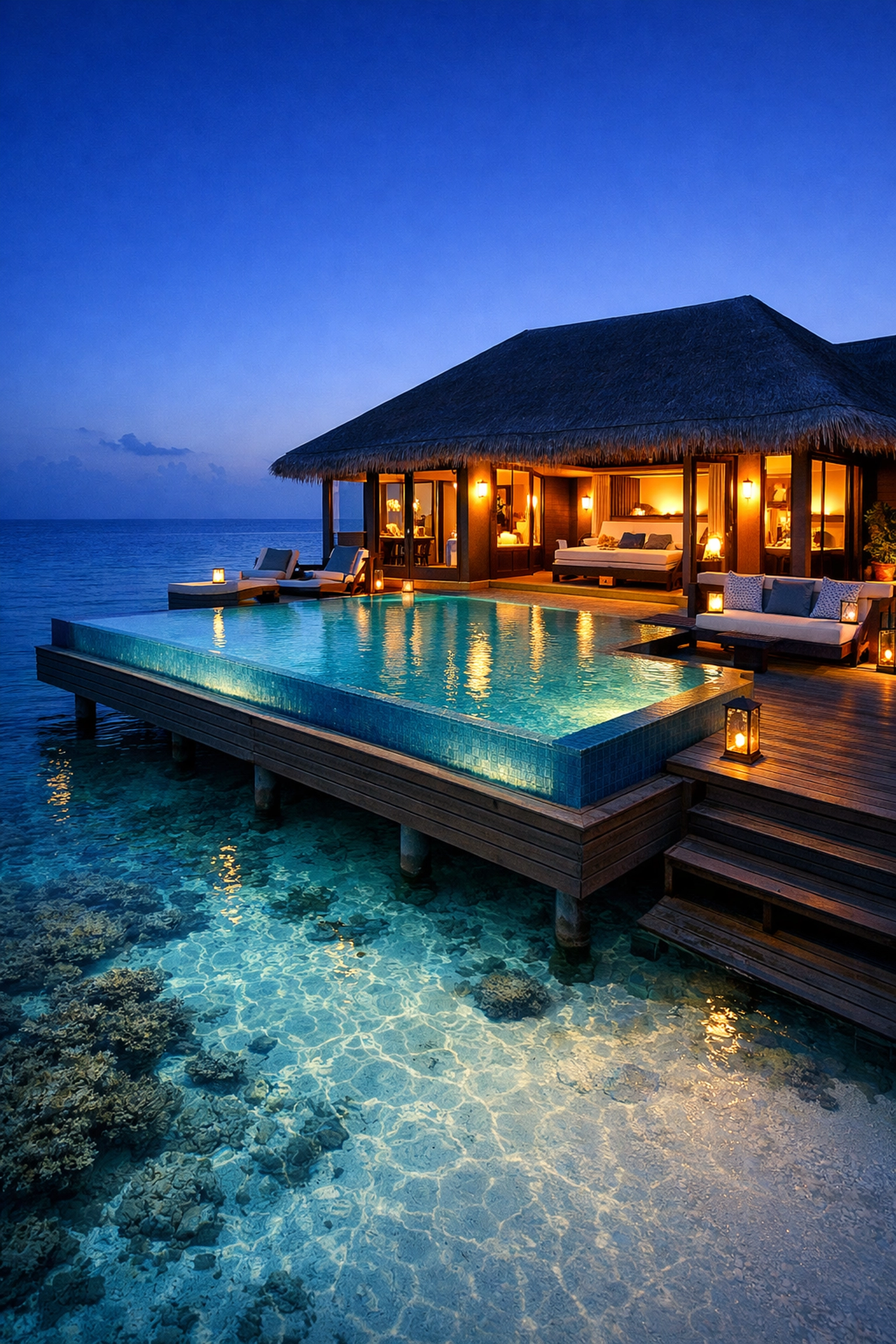 Luxury overwater villa with an infinity pool at twilight, showcasing high-end Maldives all inclusive packages.