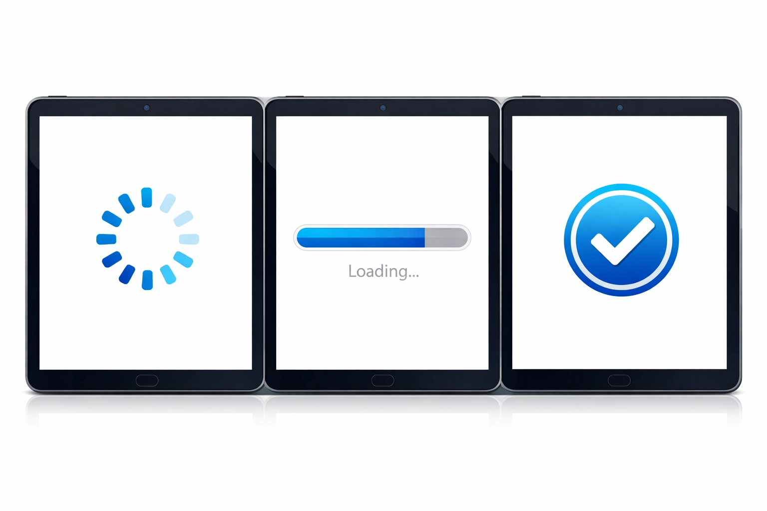 Loading state animations showing progress indicators and success confirmation for better UX