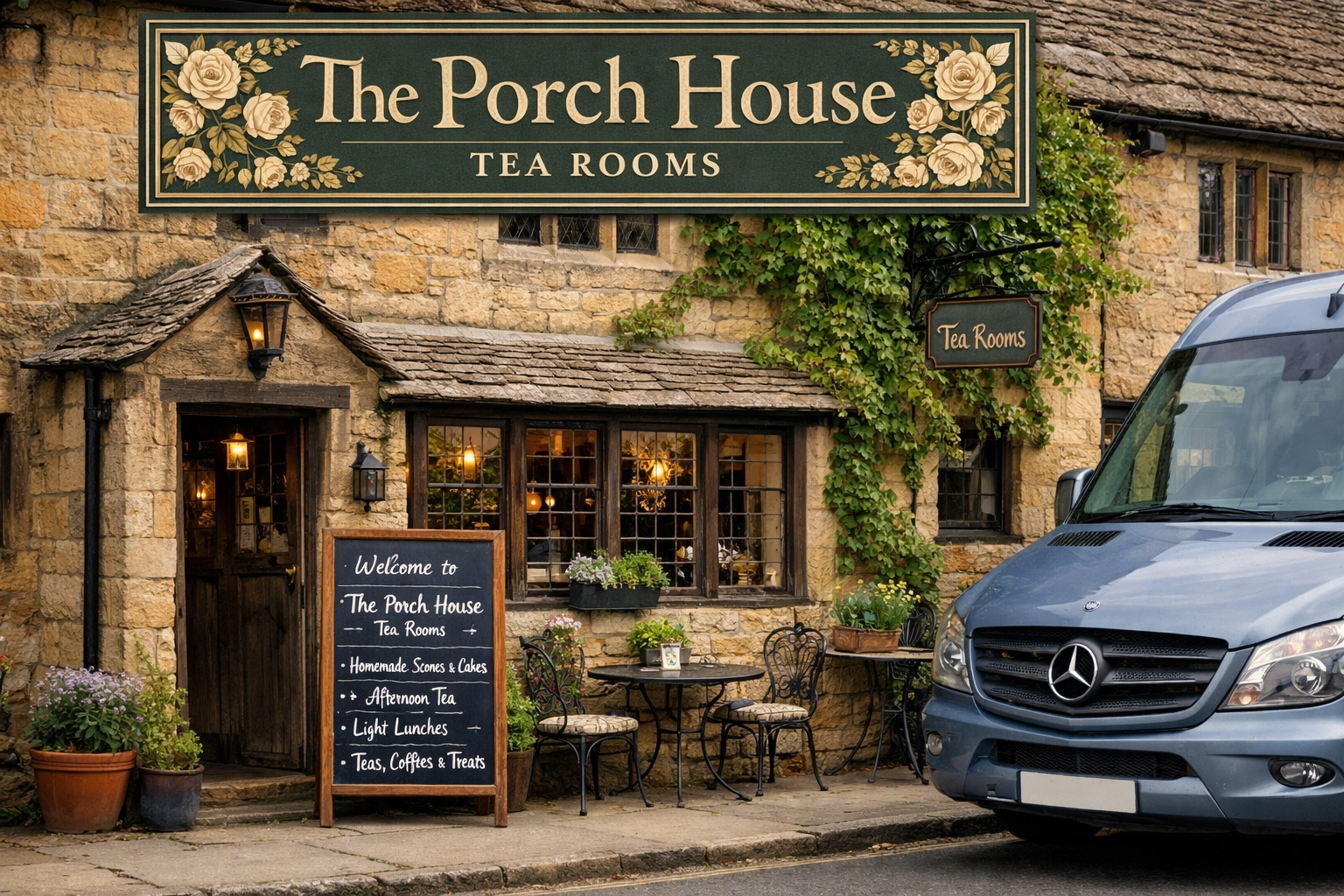 Historic exterior of The Porch House in Stow-on-the-Wold, one of the oldest coaching inns in England.