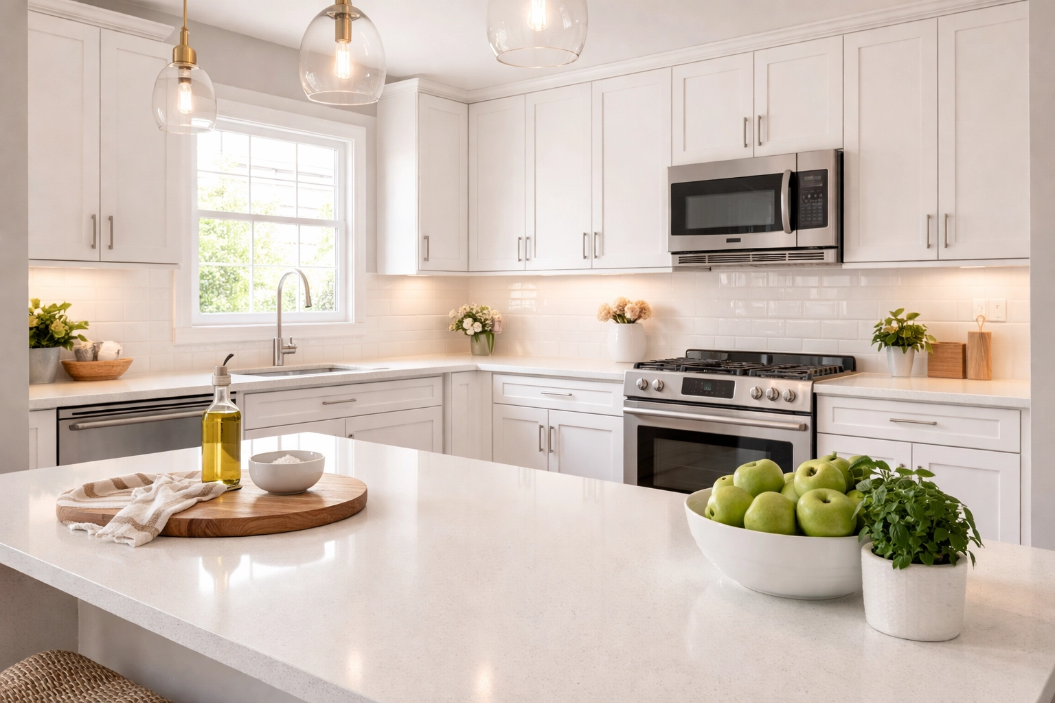 Modern kitchen staged for open house with clean countertops, stainless appliances, and bright natural lighting