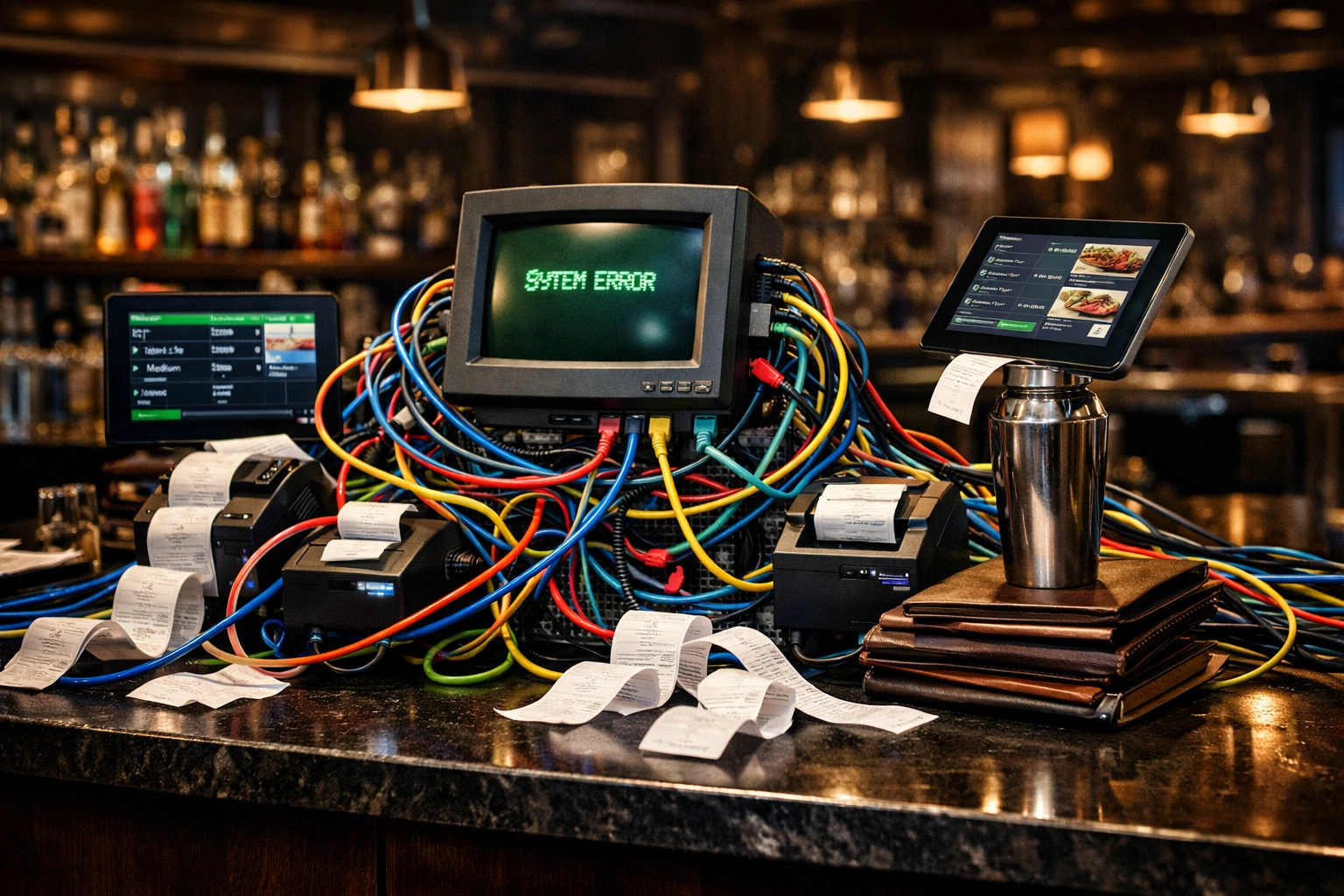 Disorganized restaurant POS system with tangled wires on a bar counter, representing common operational tech mistakes.