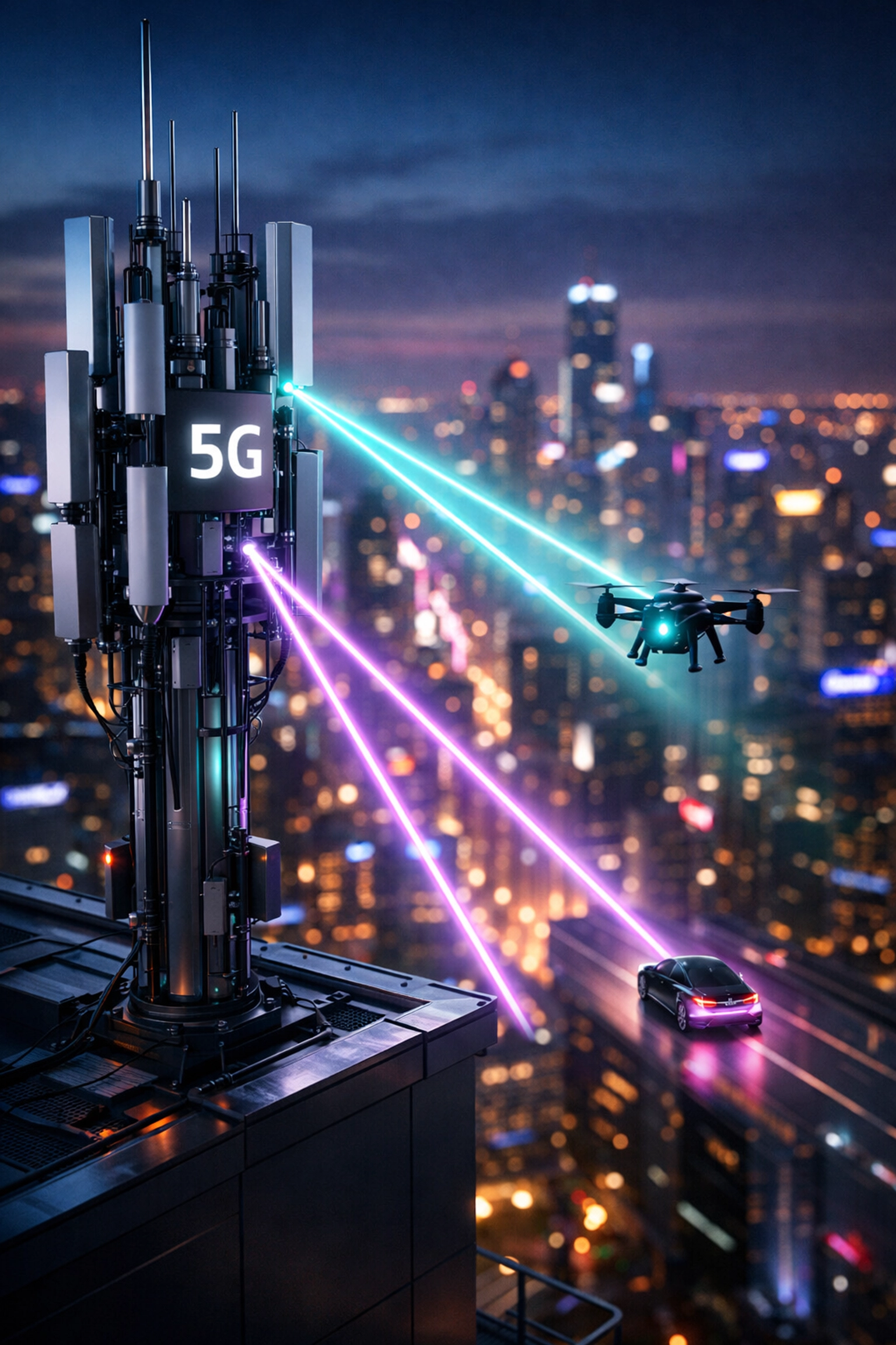 5G cell tower on a skyscraper using beamforming technology to send data signals to city devices.