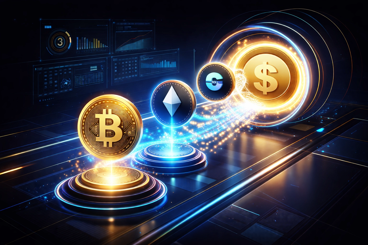 Futuristic dashboard showing multiple cryptocurrencies converting seamlessly to Larecoin stablecoin, highlighting easy in-house swaps for merchants.