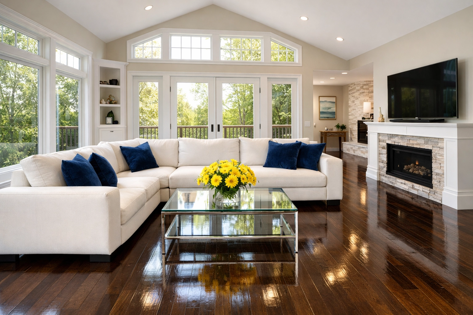 A clean, sun-drenched living room with sparkling hardwood floors in a Pepperell MA home.