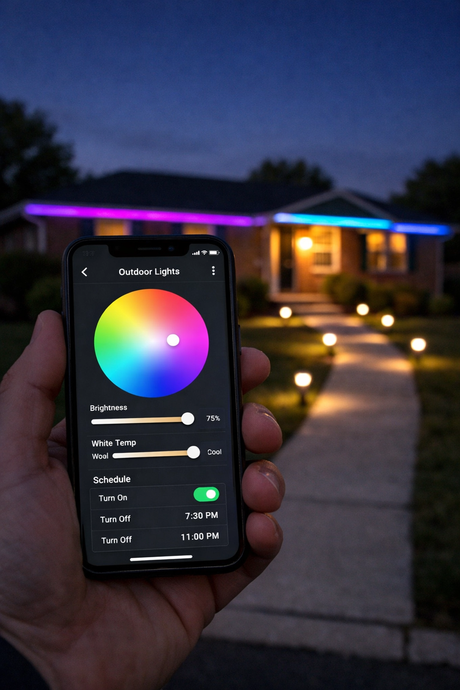 Smart control app managing permanent outdoor lighting on Lexington home at night