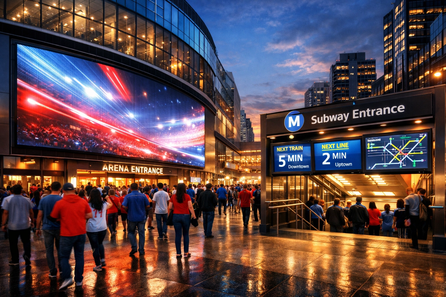 Fans walking past digital billboards in a sports district, illustrating the OOH Sports Network fan journey.