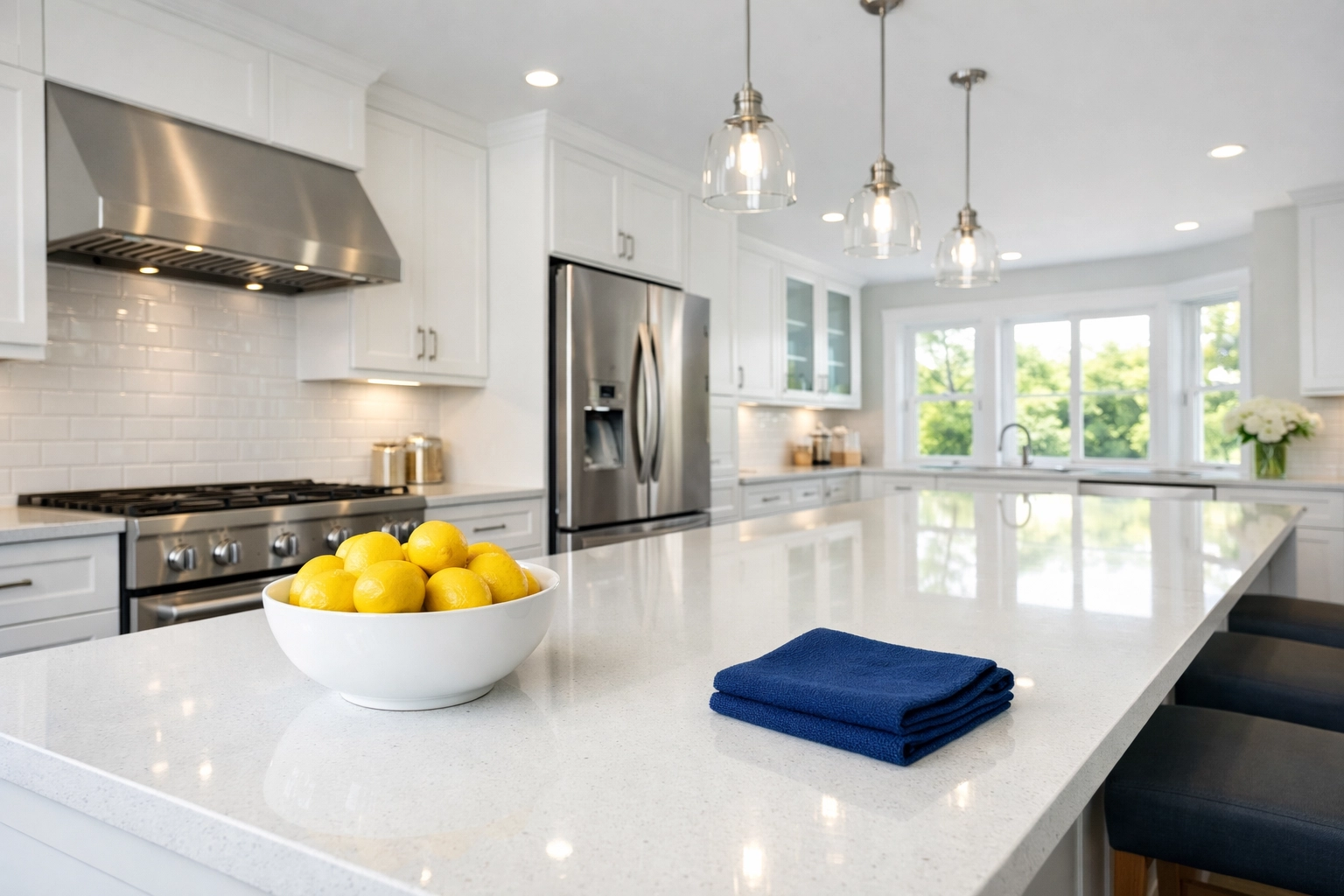 Spotless kitchen with white quartz countertops after professional house cleaning in Fitchburg, MA.
