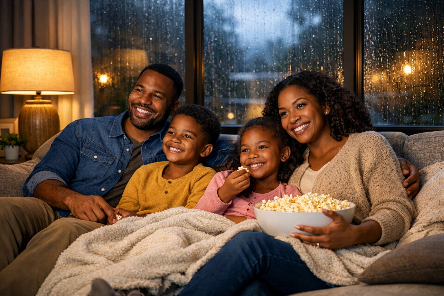 Family relaxing safely at home during Georgia storm protected by whole-home surge protection
