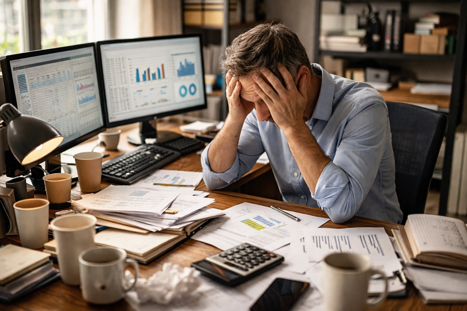 Overwhelmed small business owner surrounded by spreadsheets, illustrating decision fatigue in SMBs