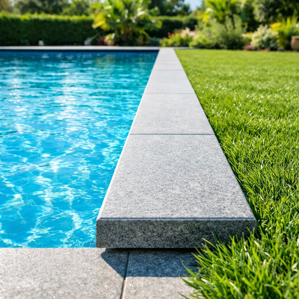 Well-maintained backyard pool and landscaping showing signs of potential underground leaks.