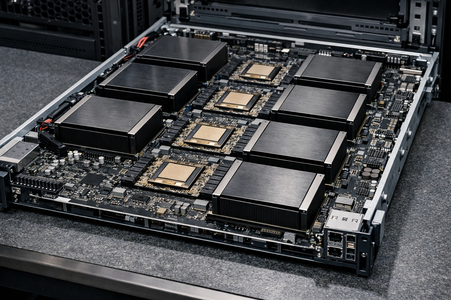 High-resolution view of internal GPU server architecture and HBM modules
